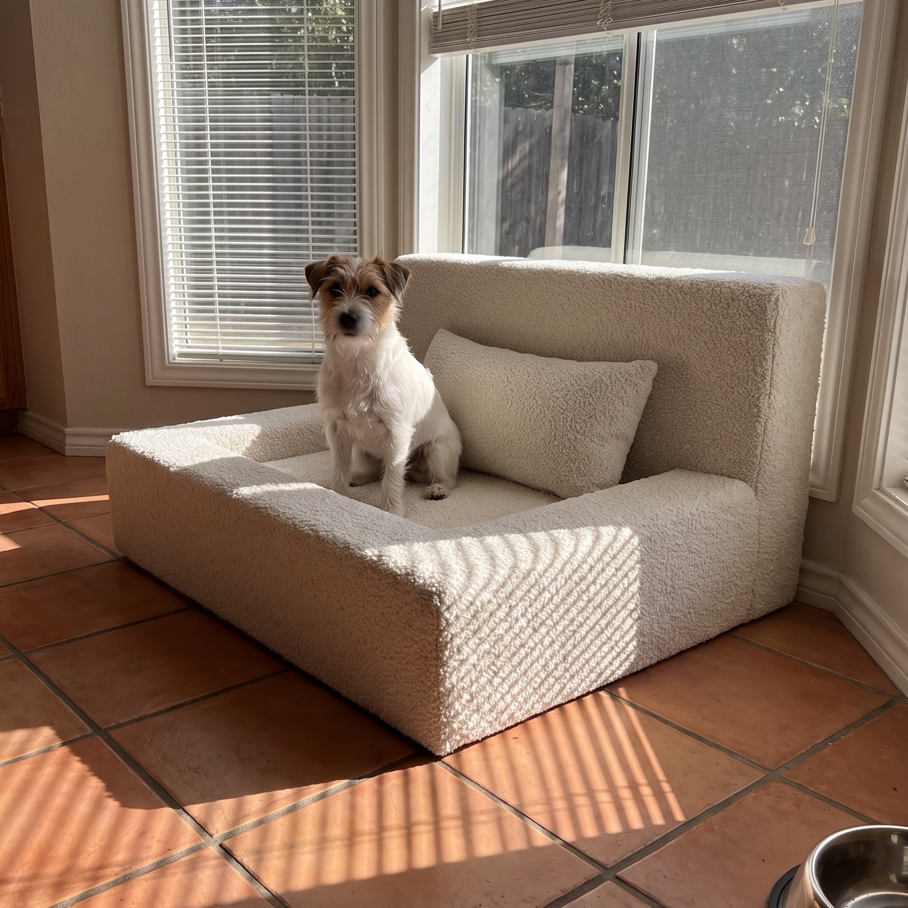 Terrier on the calming sofa pet bed in a sunny breakfast nook - wrenwood ugc lifestyle v2