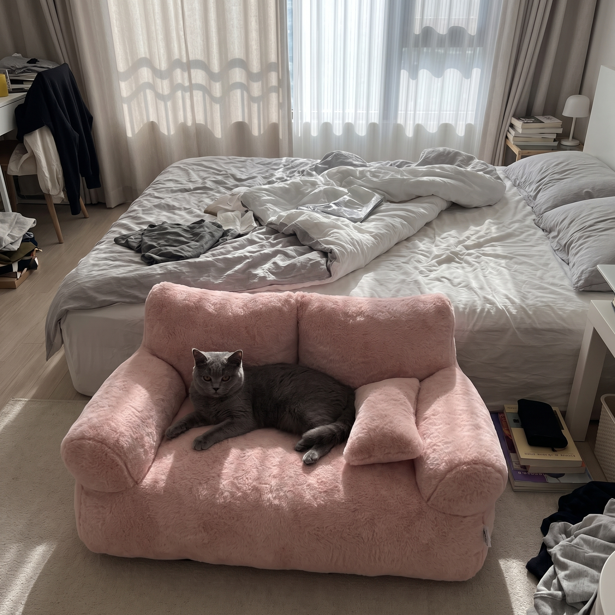 Grey cat lounging on the pink luxury pet sofa bed in a bedroom - wrenwood ugc lifestyle v2