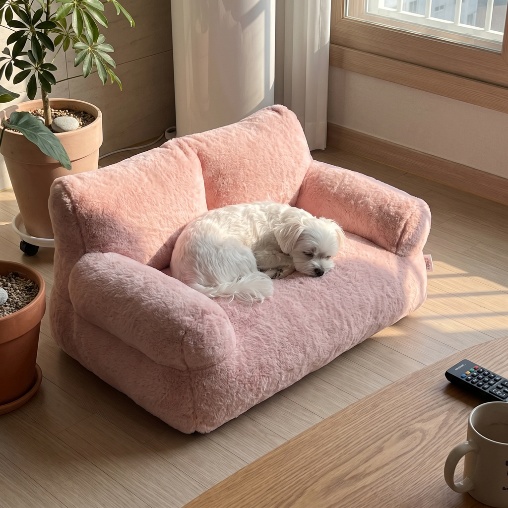 Maltese curled on the pink luxury pet sofa bed in a living room - wrenwood ugc lifestyle v2
