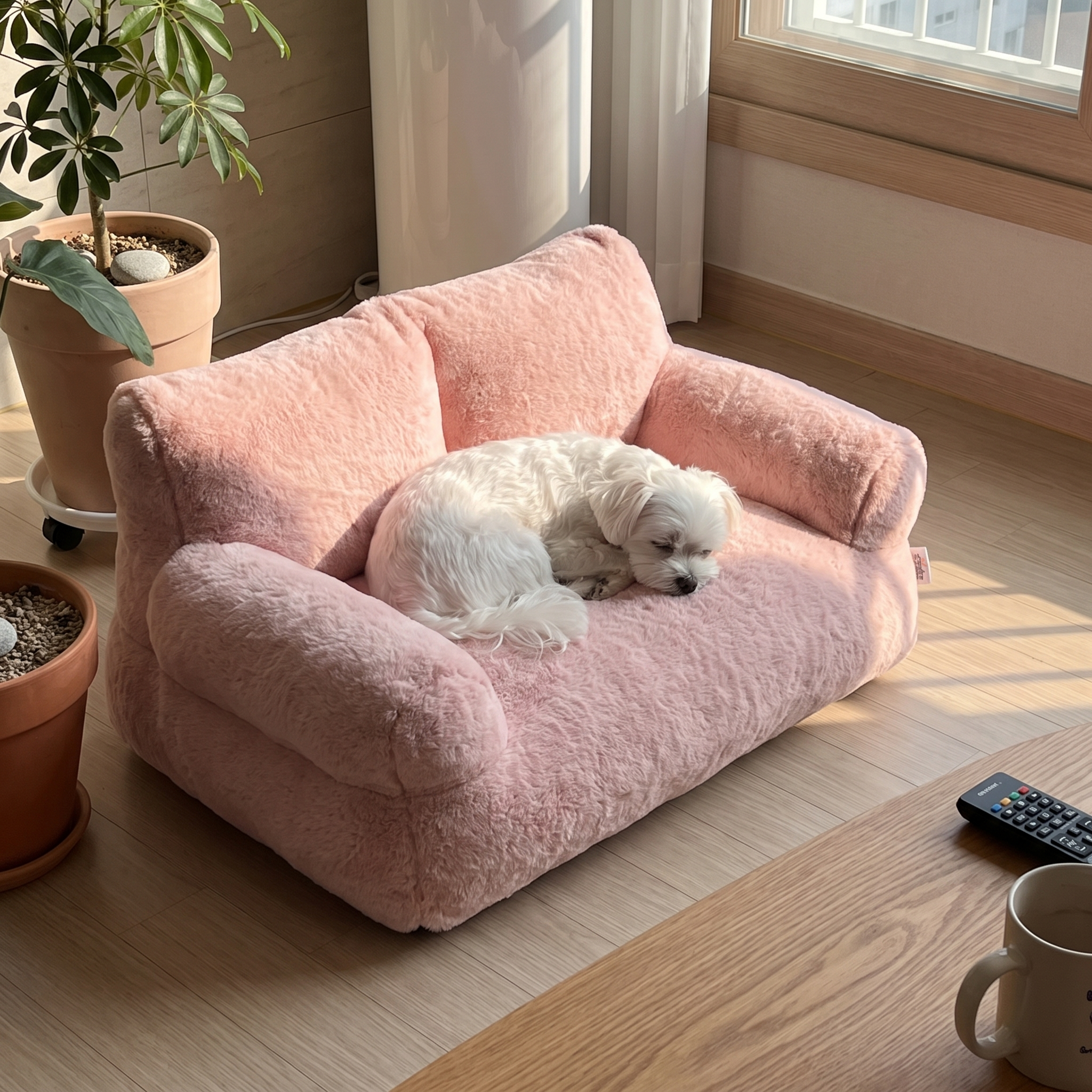 Maltese curled on the pink luxury pet sofa bed in a living room - wrenwood ugc lifestyle v2