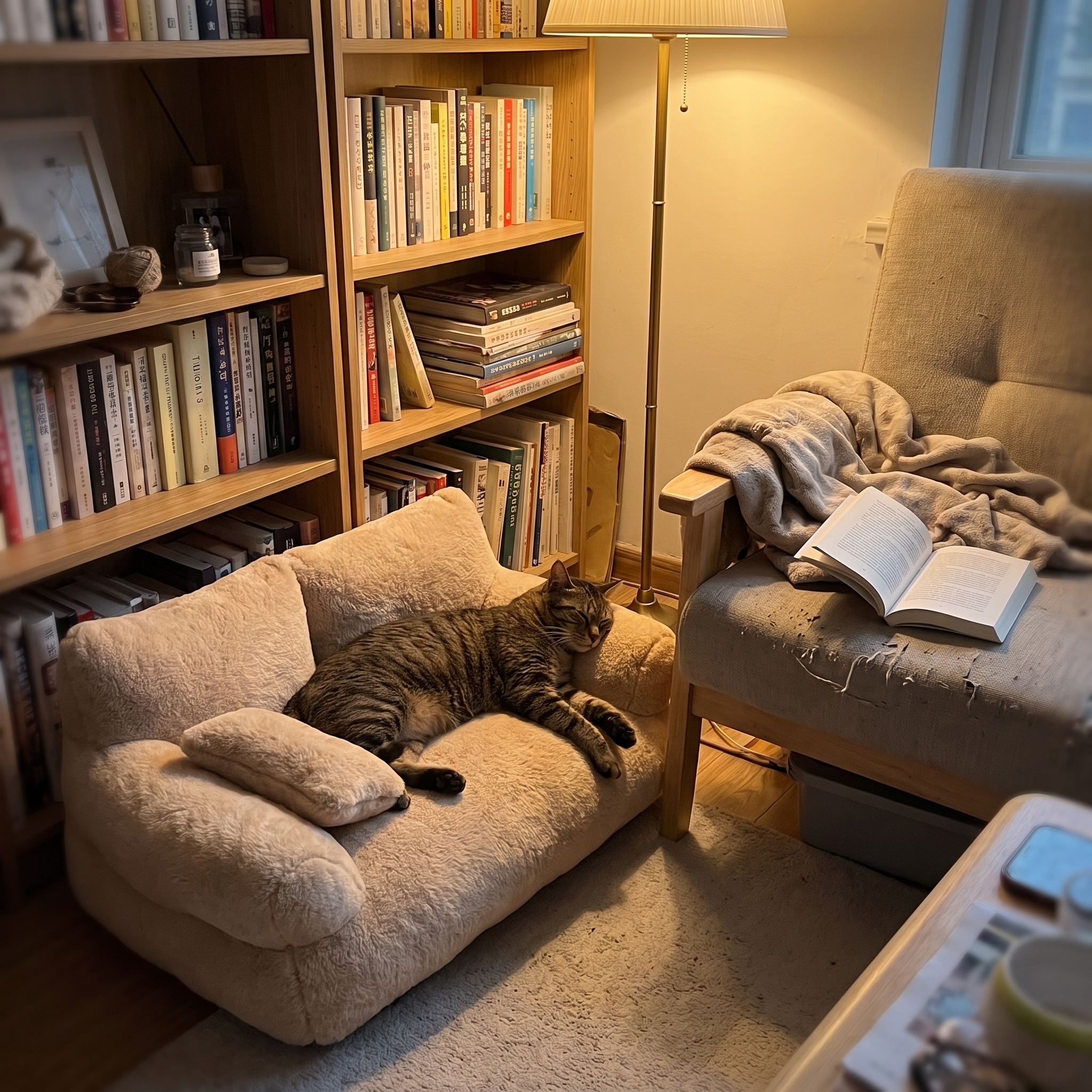 Tabby cat asleep on the beige luxury pet sofa bed in a reading nook - wrenwood ugc lifestyle v2