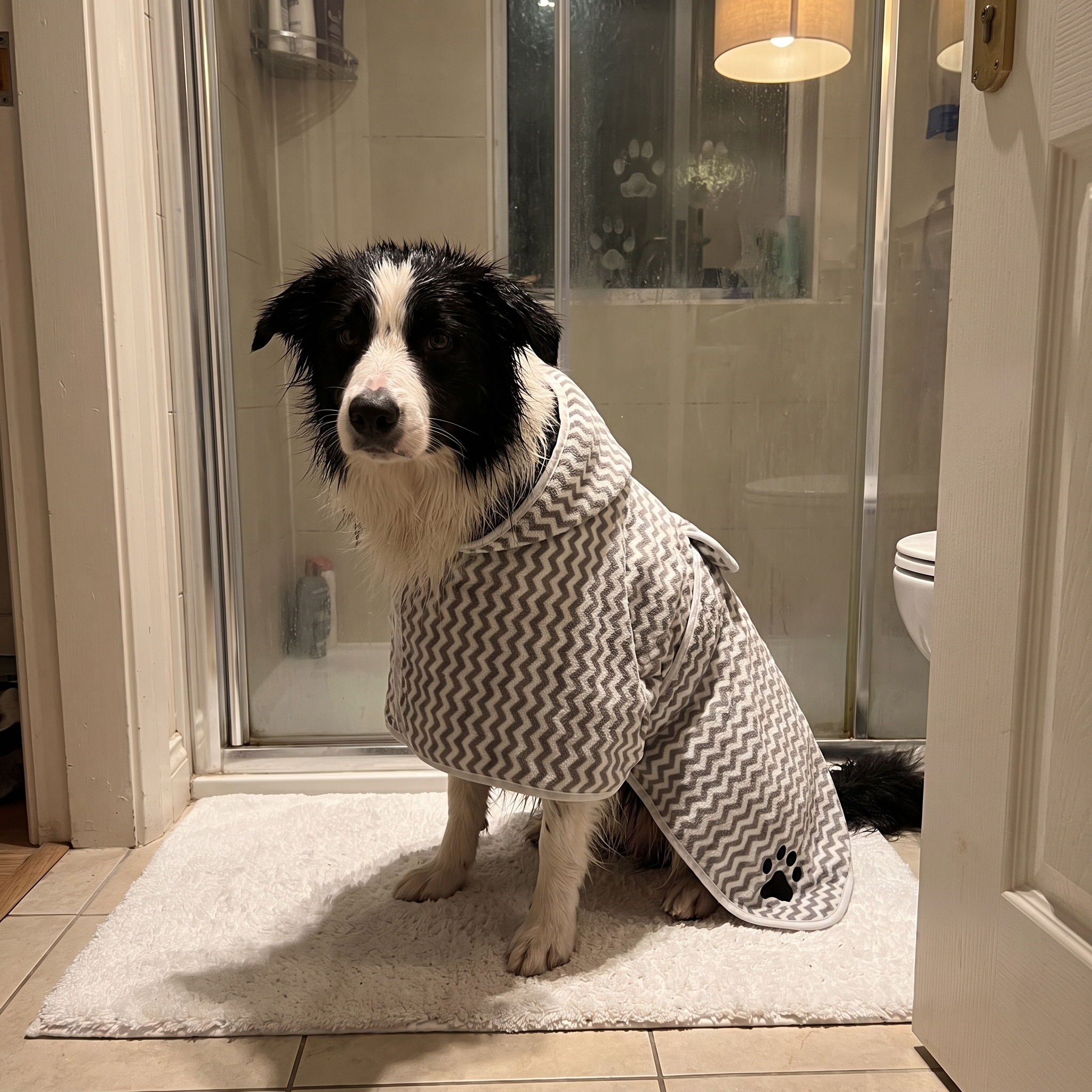 Border collie in the grey chevron microfiber bathrobe after bath time - wrenwood ugc lifestyle v2