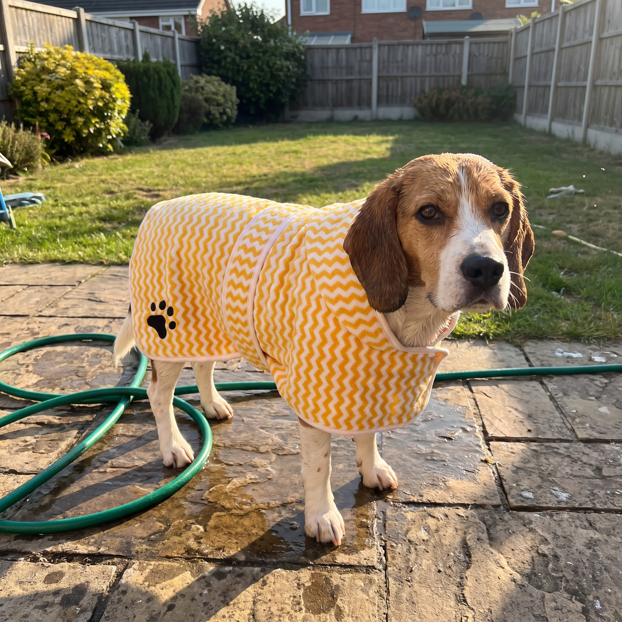 Beagle in the yellow chevron microfiber bathrobe in the backyard - wrenwood ugc lifestyle v2