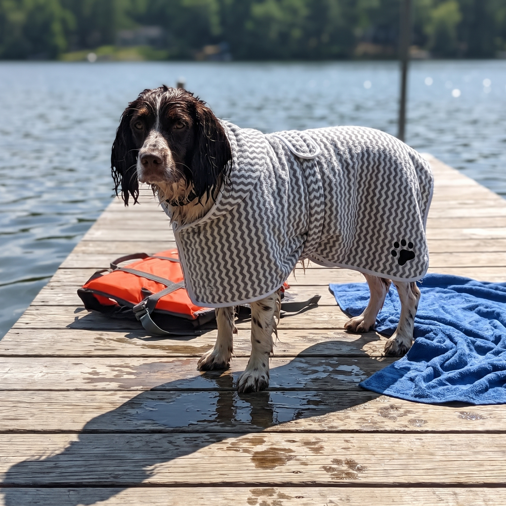 Springer spaniel in the grey chevron microfiber bathrobe on a lake dock - wrenwood ugc lifestyle v2