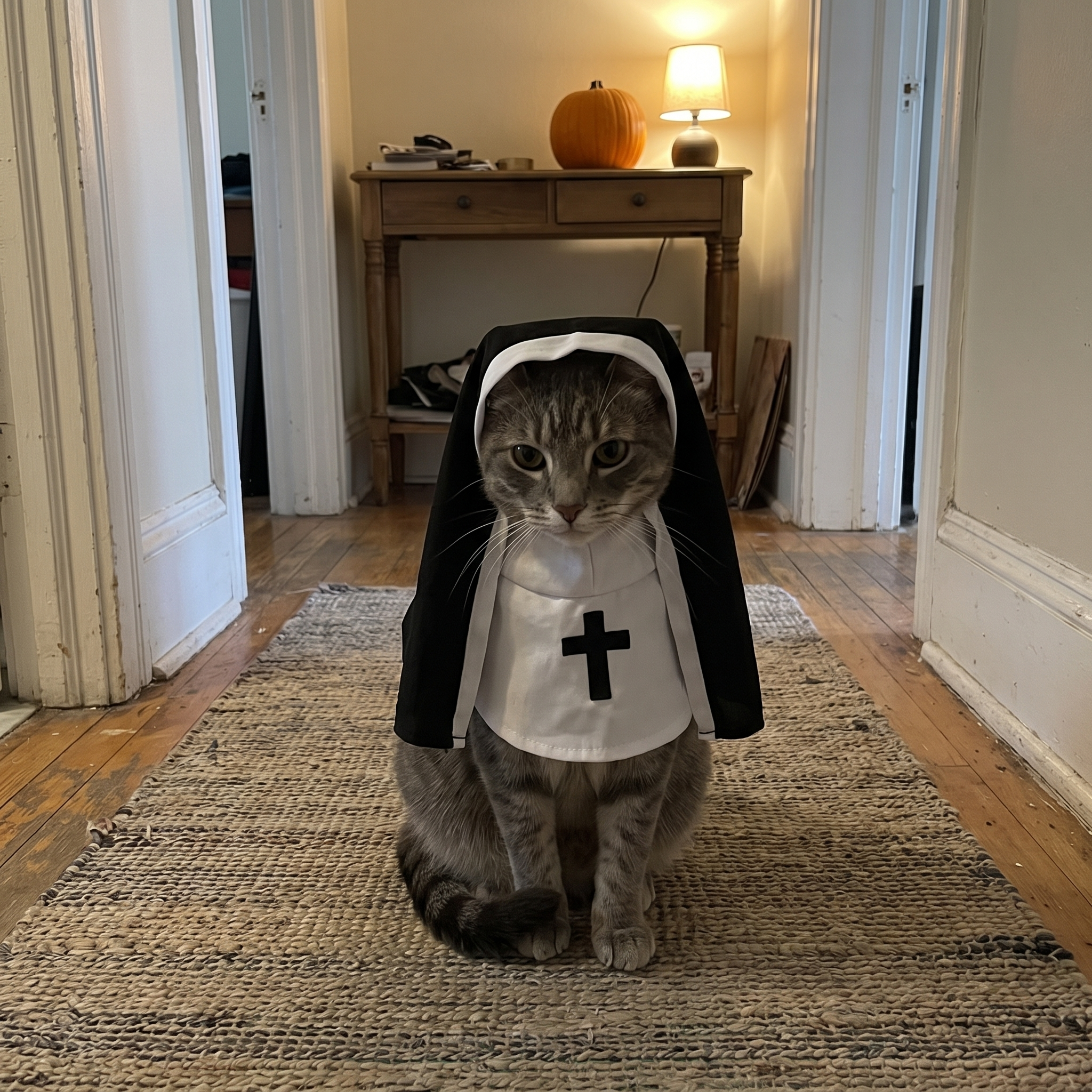 Grey tabby cat in the nun costume in a hallway with a pumpkin on the console - wrenwood ugc lifestyle v2