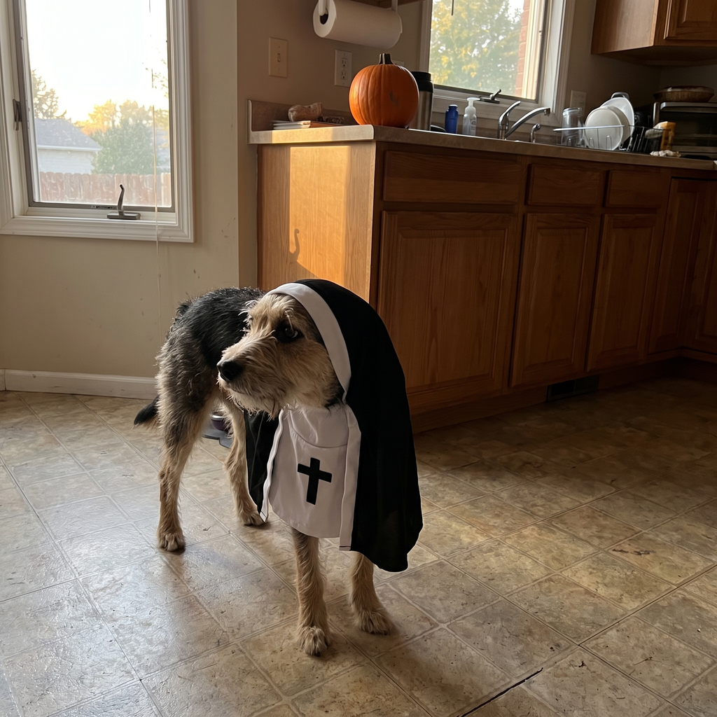 Terrier mix wearing the nun costume in a kitchen with a small pumpkin - wrenwood ugc lifestyle v2