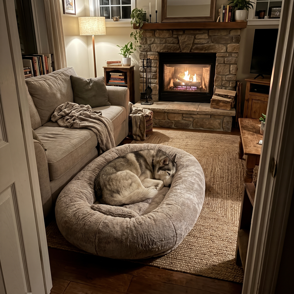 Husky curled up on the oversized pet bed by the fireplace - wrenwood ugc lifestyle v2