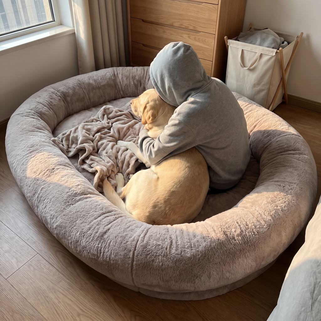 Owner cuddling their labrador together on the oversized pet bed - wrenwood ugc lifestyle v2