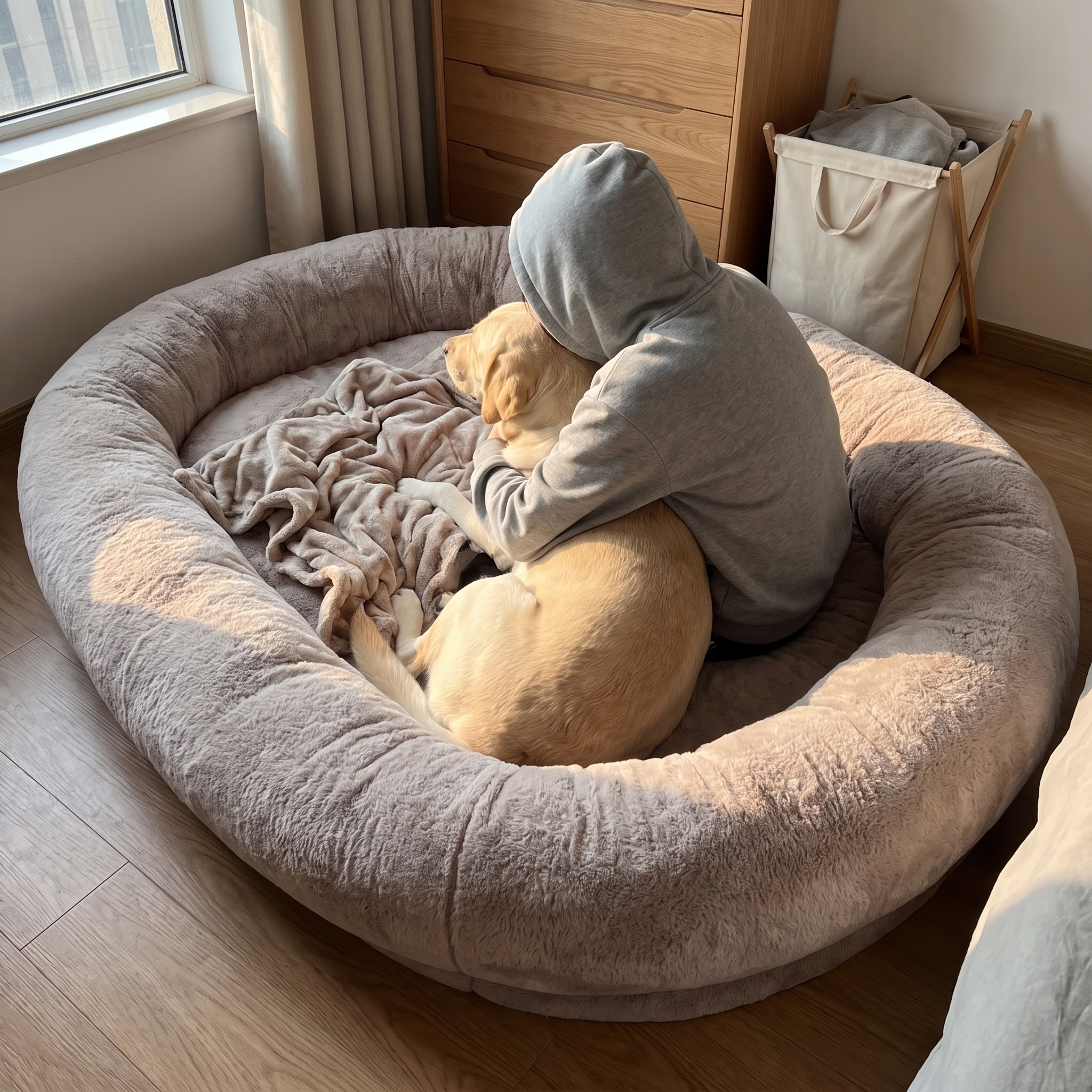 Owner cuddling their labrador together on the oversized pet bed - wrenwood ugc lifestyle v2