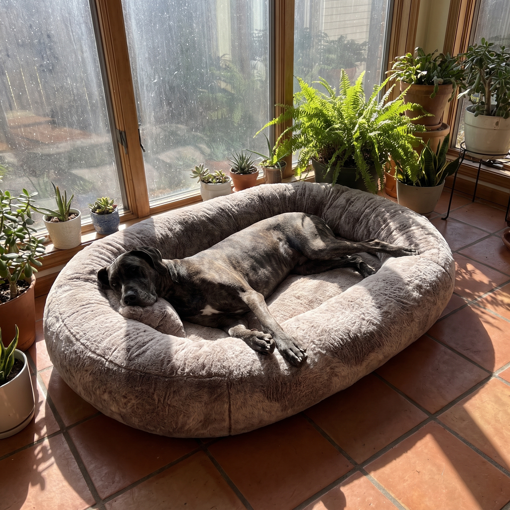 Great dane stretched out on the oversized pet bed in a sunroom - wrenwood ugc lifestyle v2