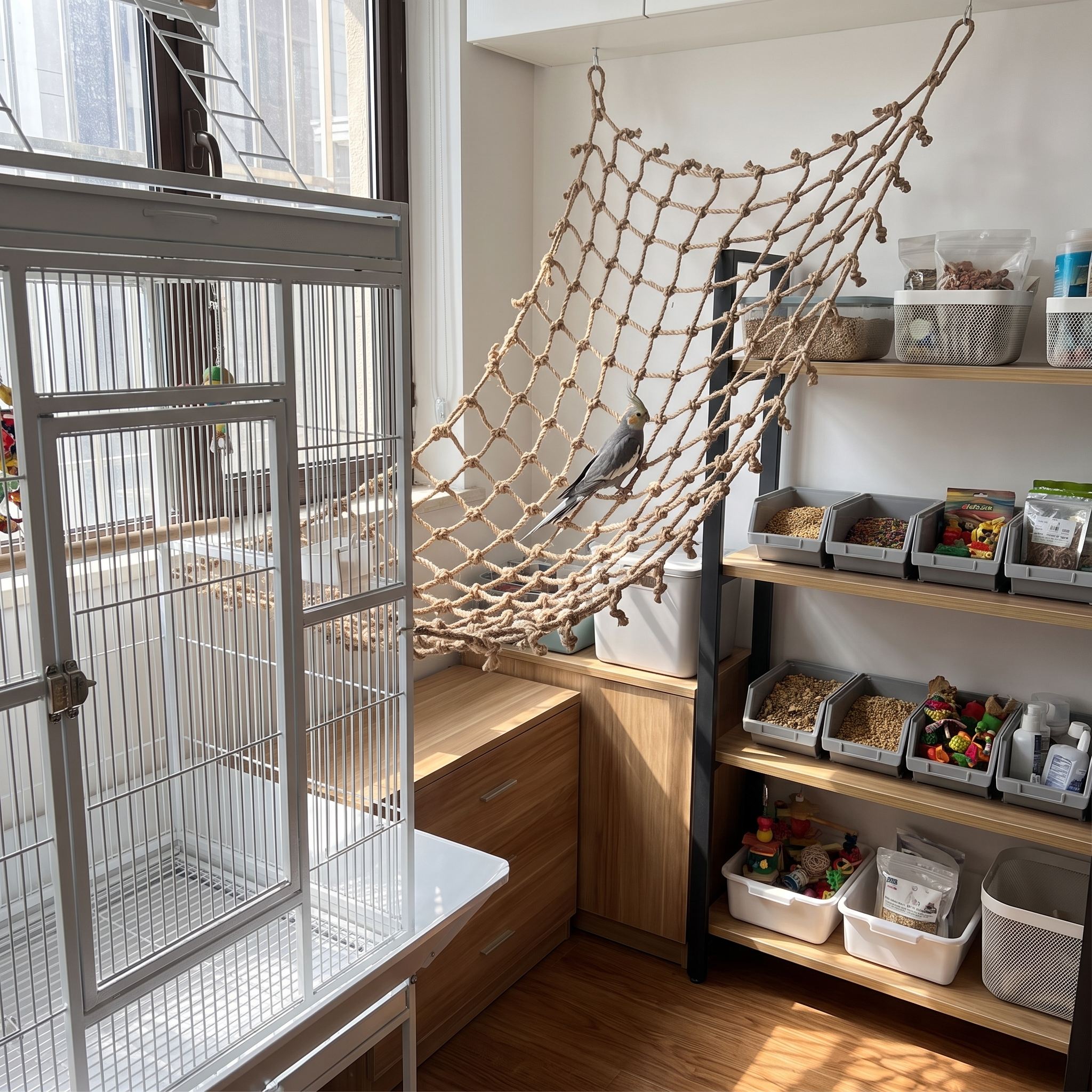 Cockatiel perched on the hemp climbing net hung beside its cage in a bird room - wrenwood ugc lifestyle v2