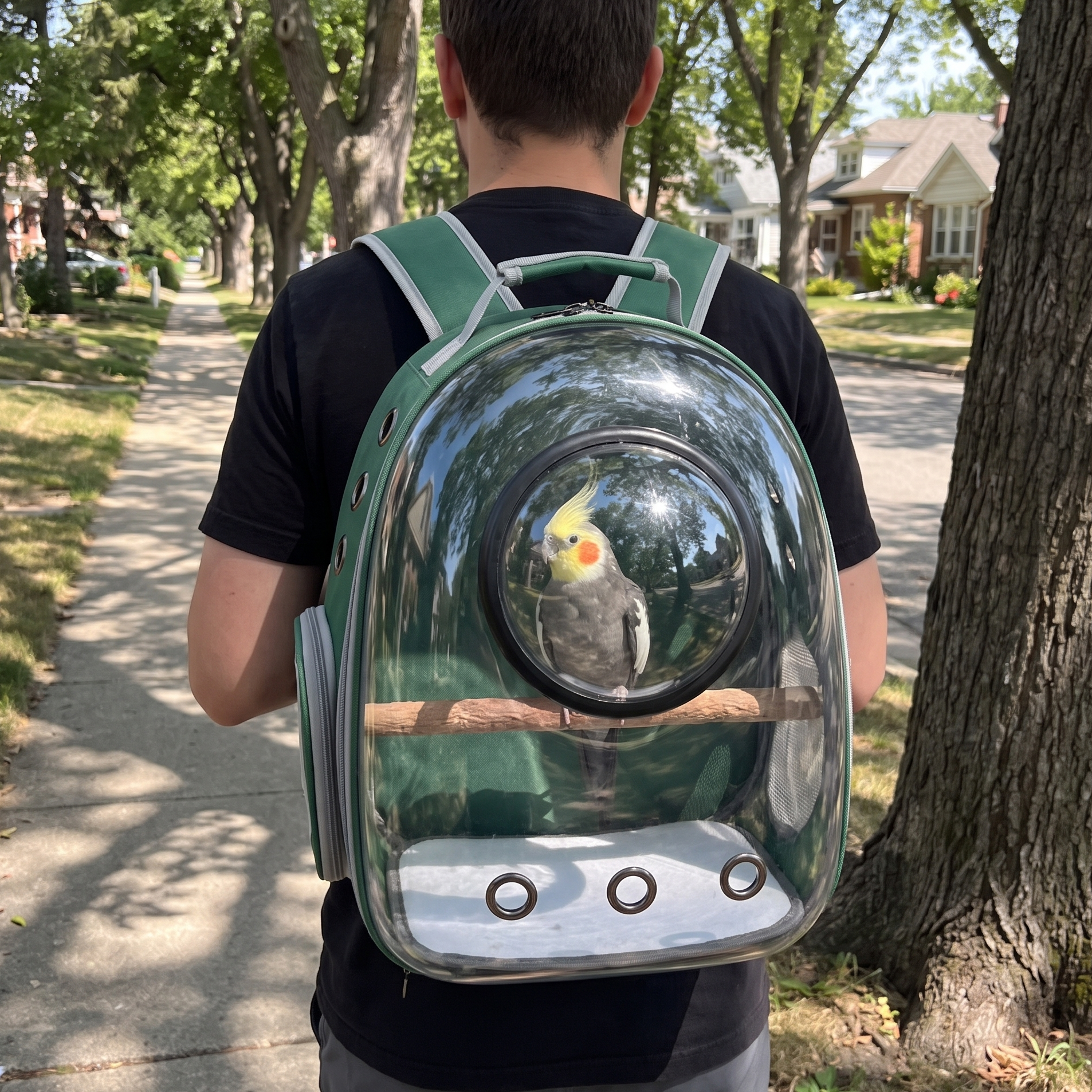 Owner from behind wearing the green parrot travel backpack with a cockatiel inside - wrenwood ugc lifestyle v2