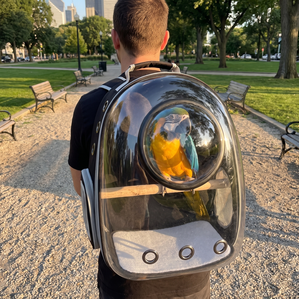 Owner from behind wearing the black parrot travel backpack with a macaw inside at the park - wrenwood ugc lifestyle v2
