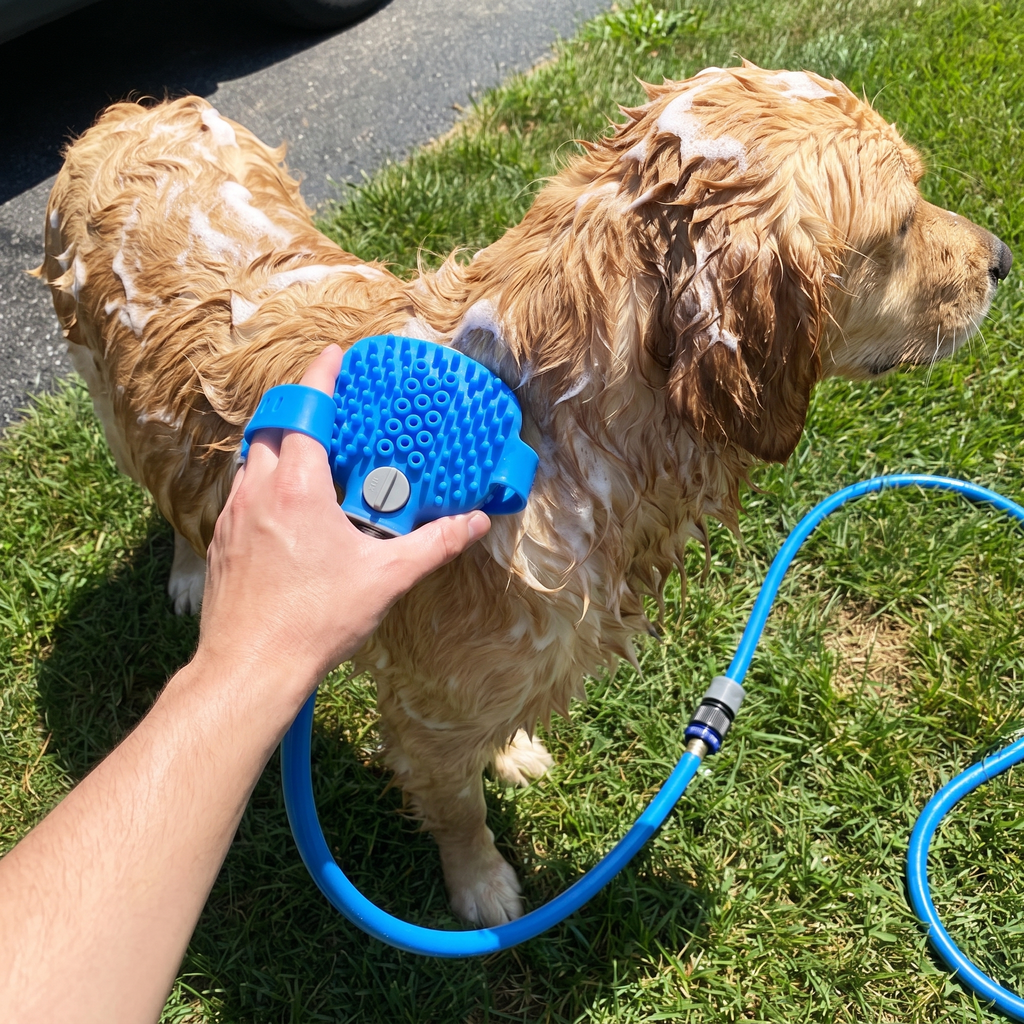 Owner using the bath shower brush on a sudsy golden retriever outdoors during a hose bath - wrenwood ugc lifestyle v2