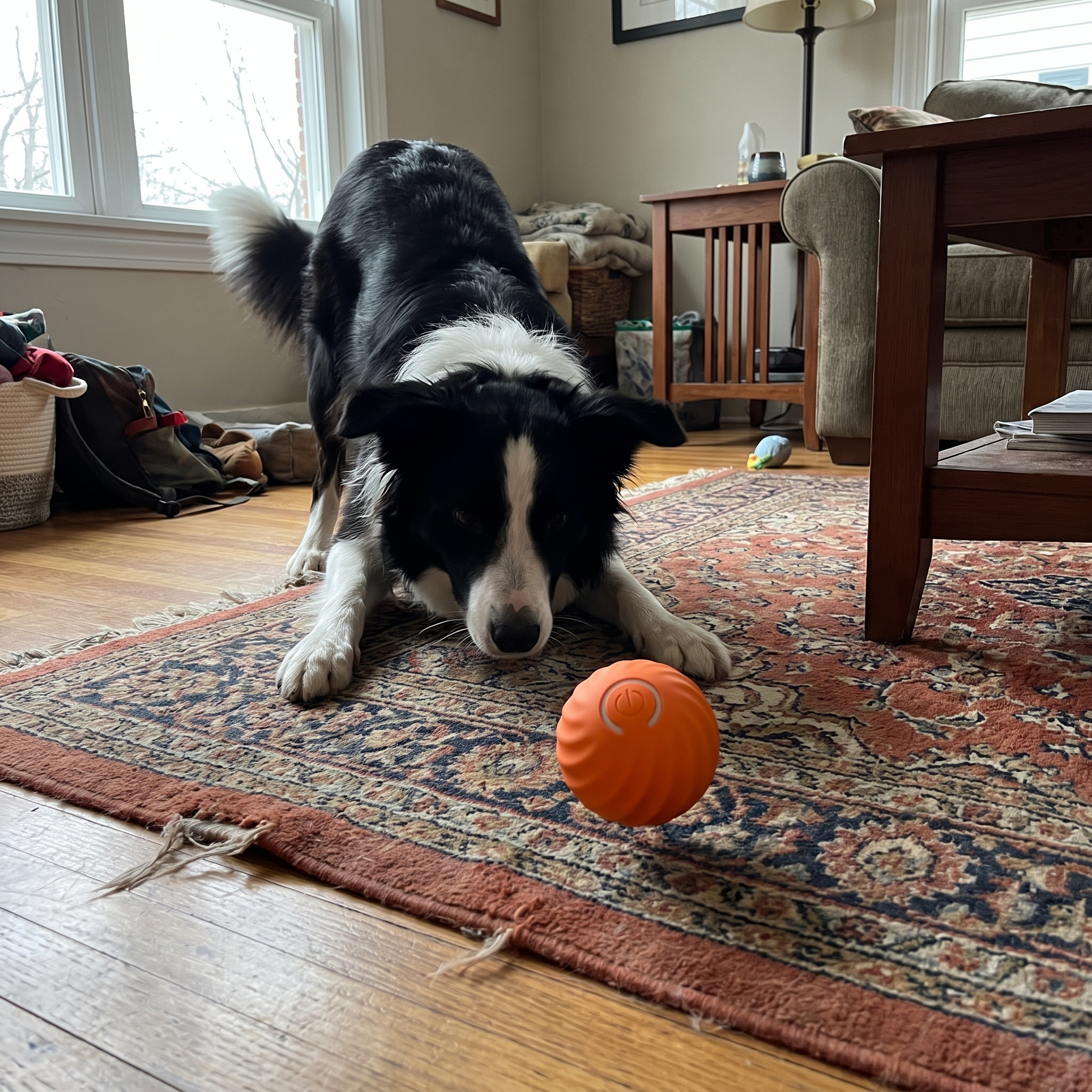 Border collie play-bowing at the small orange bouncing ball on a living room rug - wrenwood ugc lifestyle v2