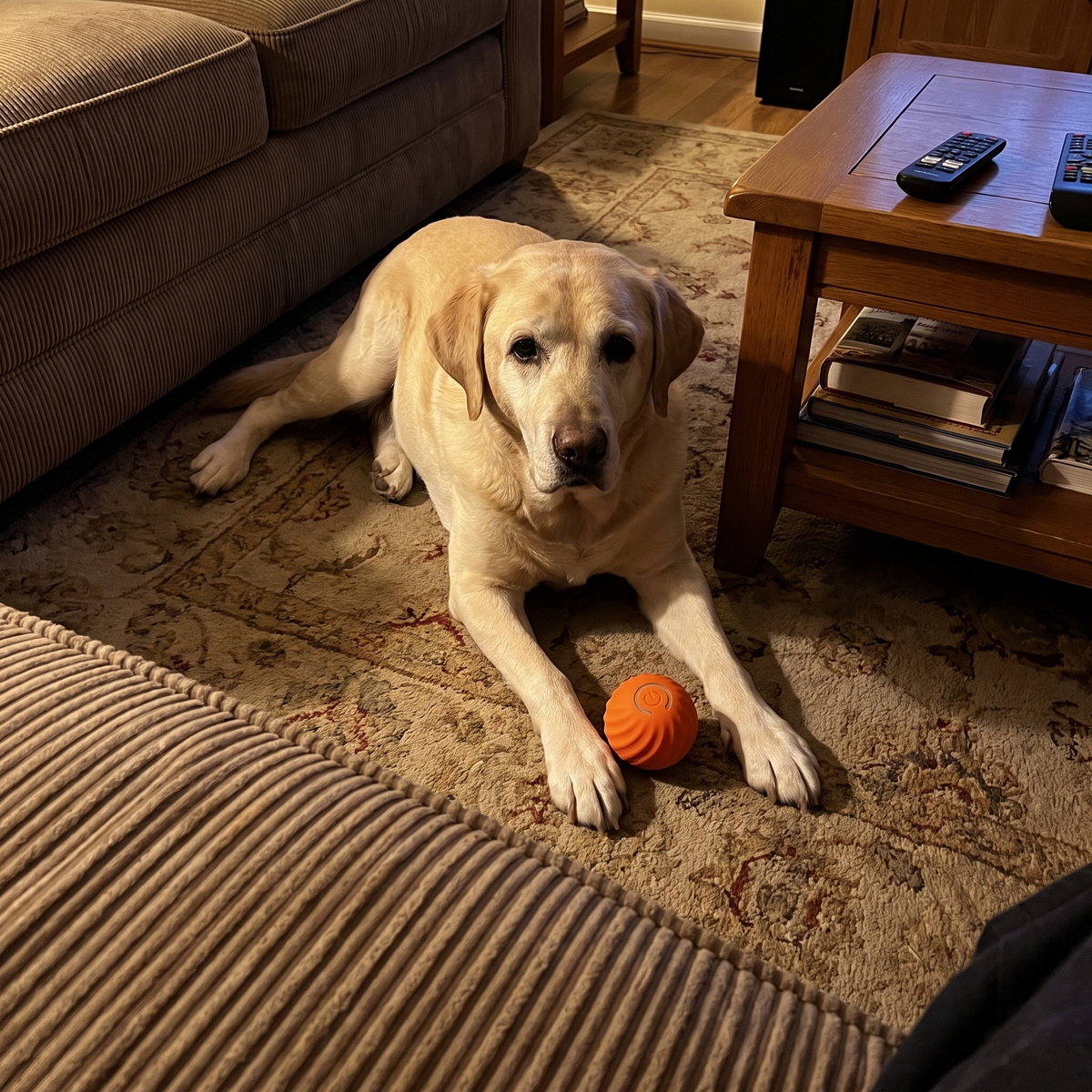 Labrador resting with the small orange bouncing ball beside its paws - wrenwood ugc lifestyle v2