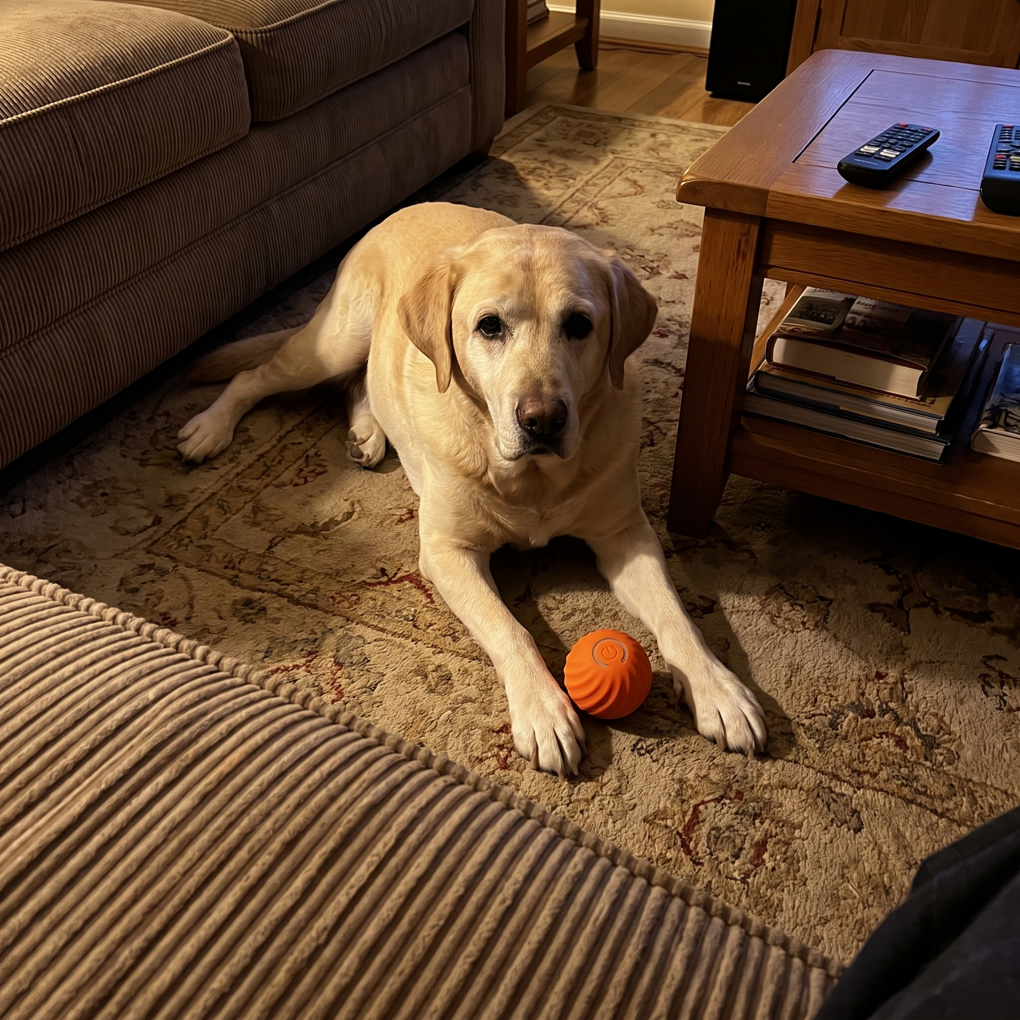 Labrador resting with the small orange bouncing ball beside its paws - wrenwood ugc lifestyle v2