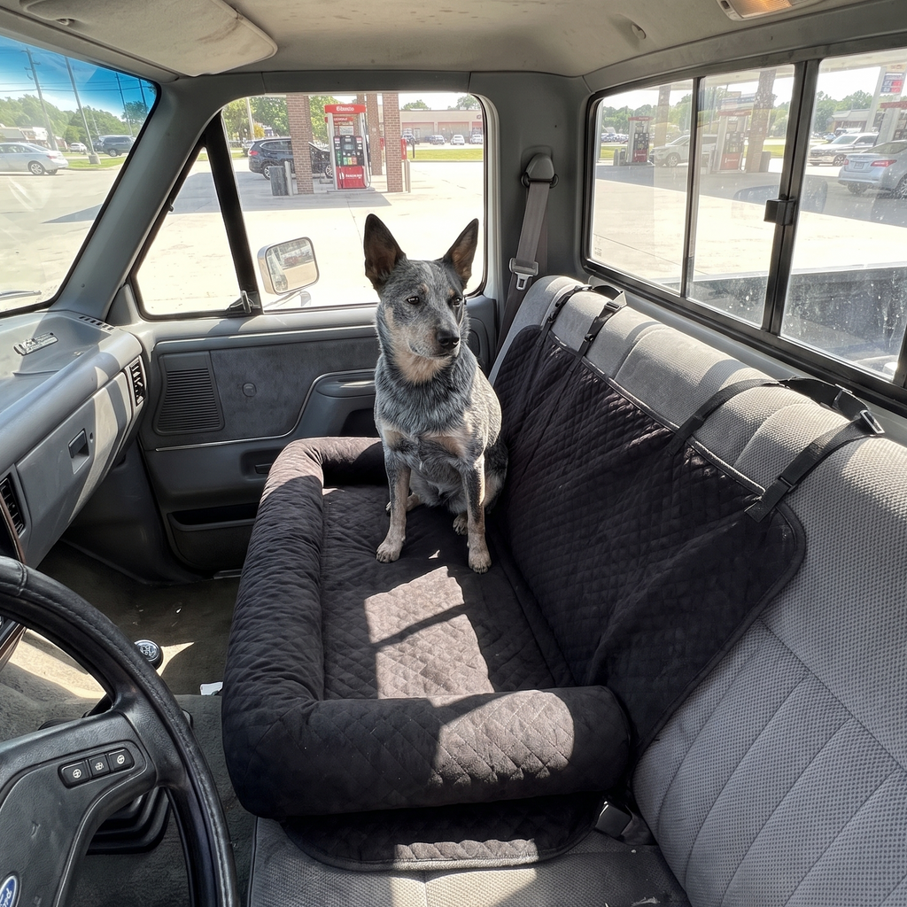 Cattle dog sitting on the car travel bed across a pickup truck bench seat - wrenwood ugc lifestyle v2