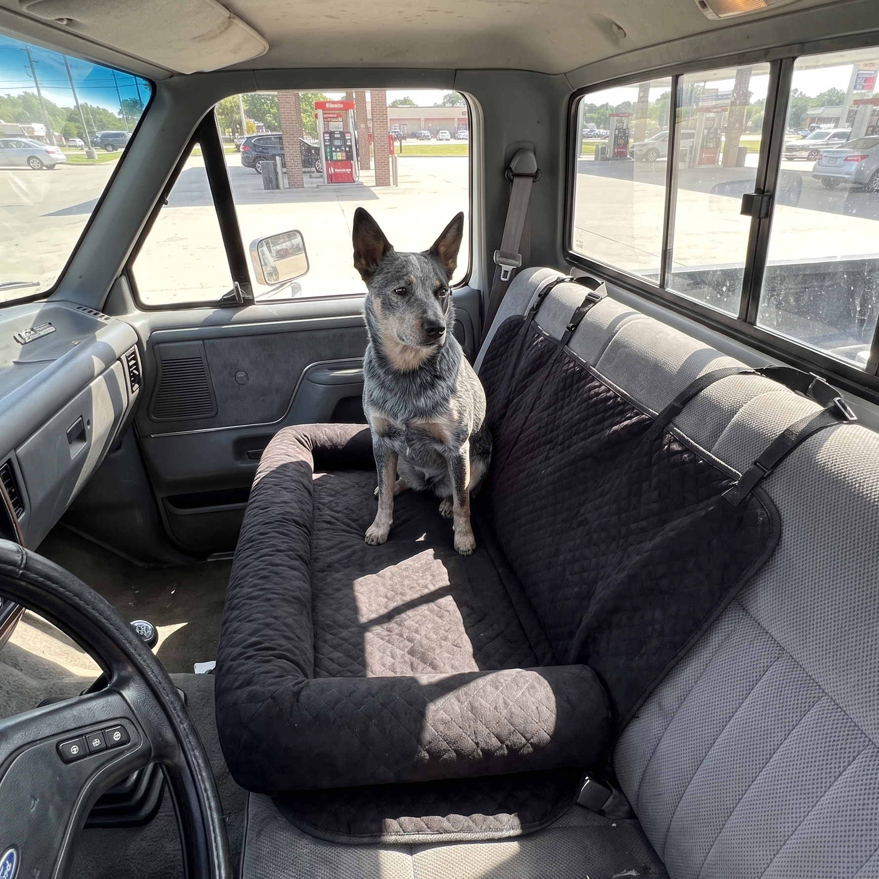 Cattle dog sitting on the car travel bed across a pickup truck bench seat - wrenwood ugc lifestyle v2