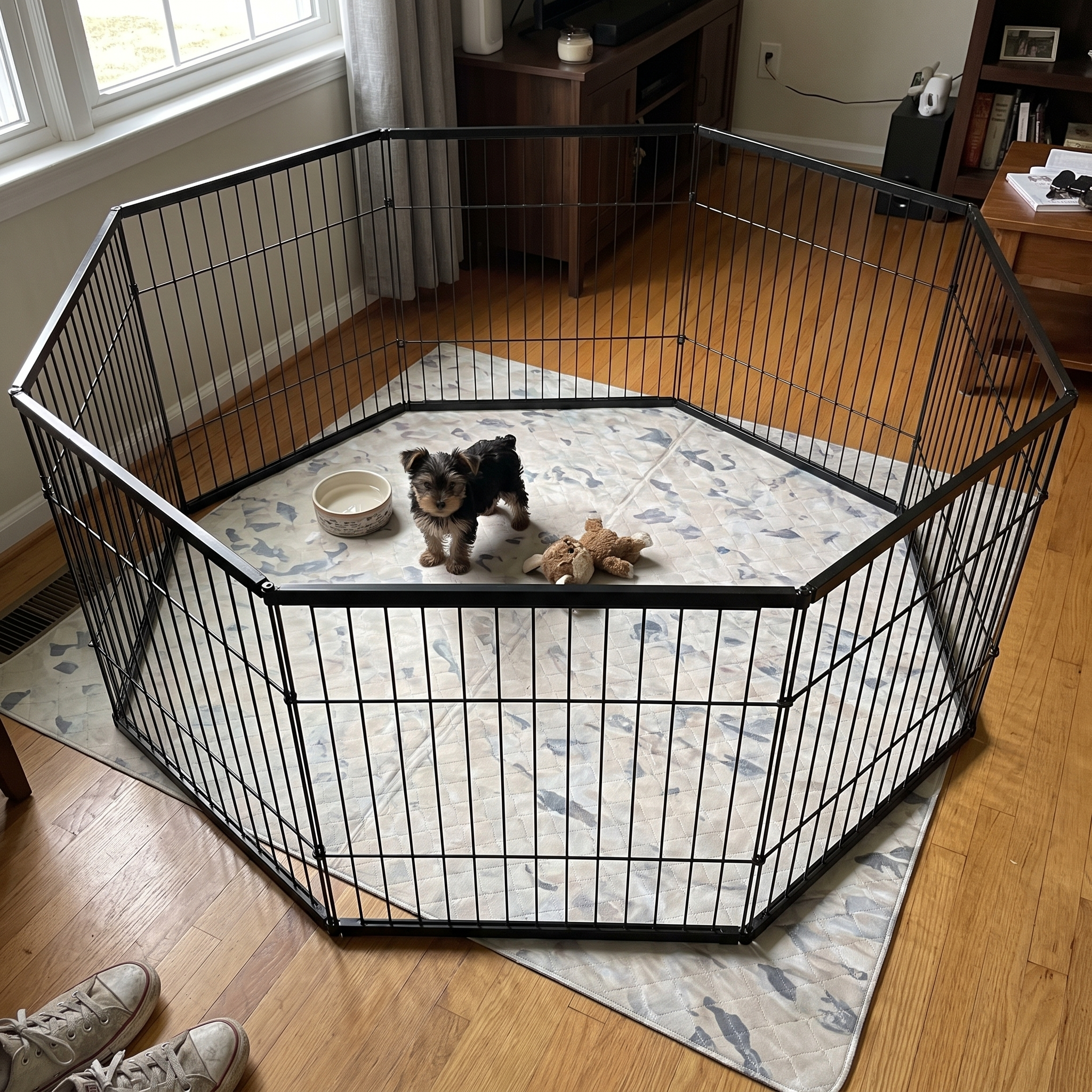 8-panel 24-inch metal dog playpen set up as an octagon indoors with a yorkie puppy - wrenwood ugc lifestyle v2