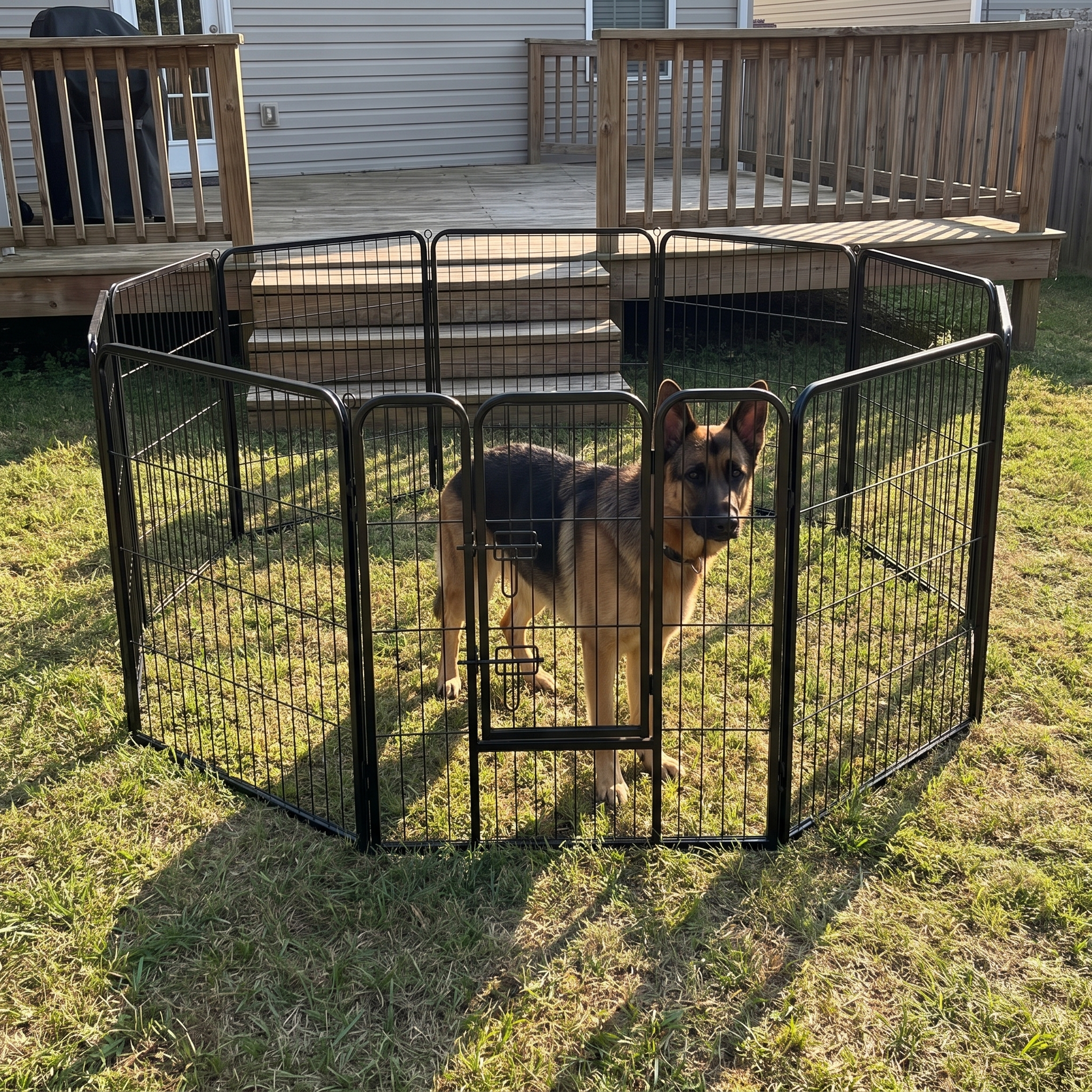 8-panel 40-inch tall metal dog playpen on a lawn containing a german shepherd - wrenwood ugc lifestyle v2