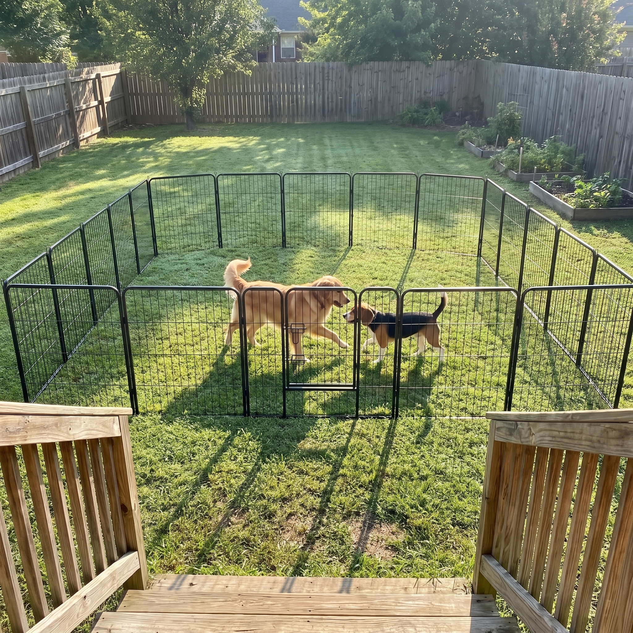 Large 16-panel 32-inch metal dog playpen enclosure in a yard with two dogs playing - wrenwood ugc lifestyle v2