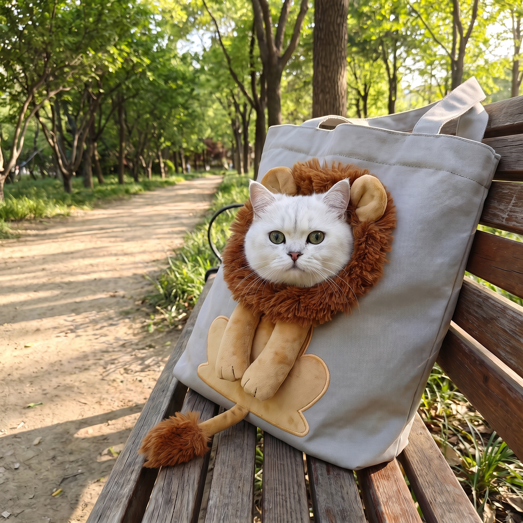 White cat in a lion mane sits in the canvas carrier bag on a park bench.