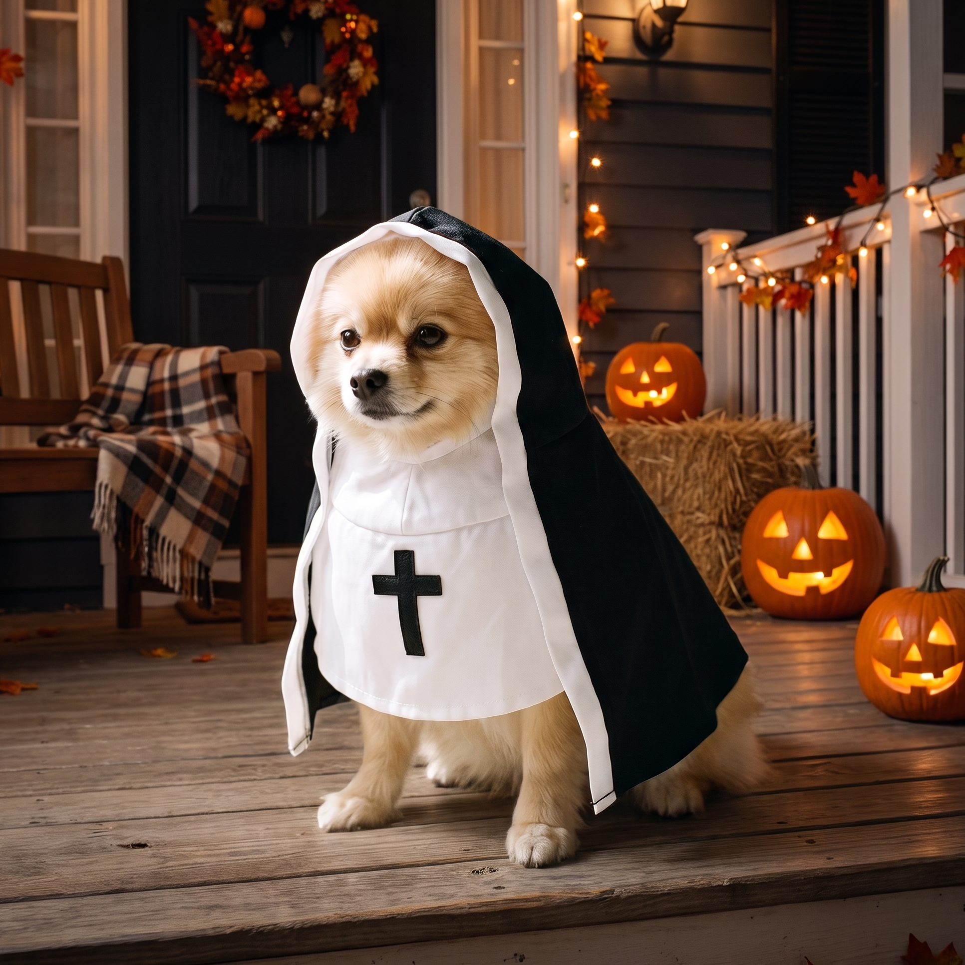 A small fluffy dog wearing a black and white nun costume with a black cross on the chest, sitting on a wooden front porch decorated for Halloween with jack-o'-lanterns and string lights.