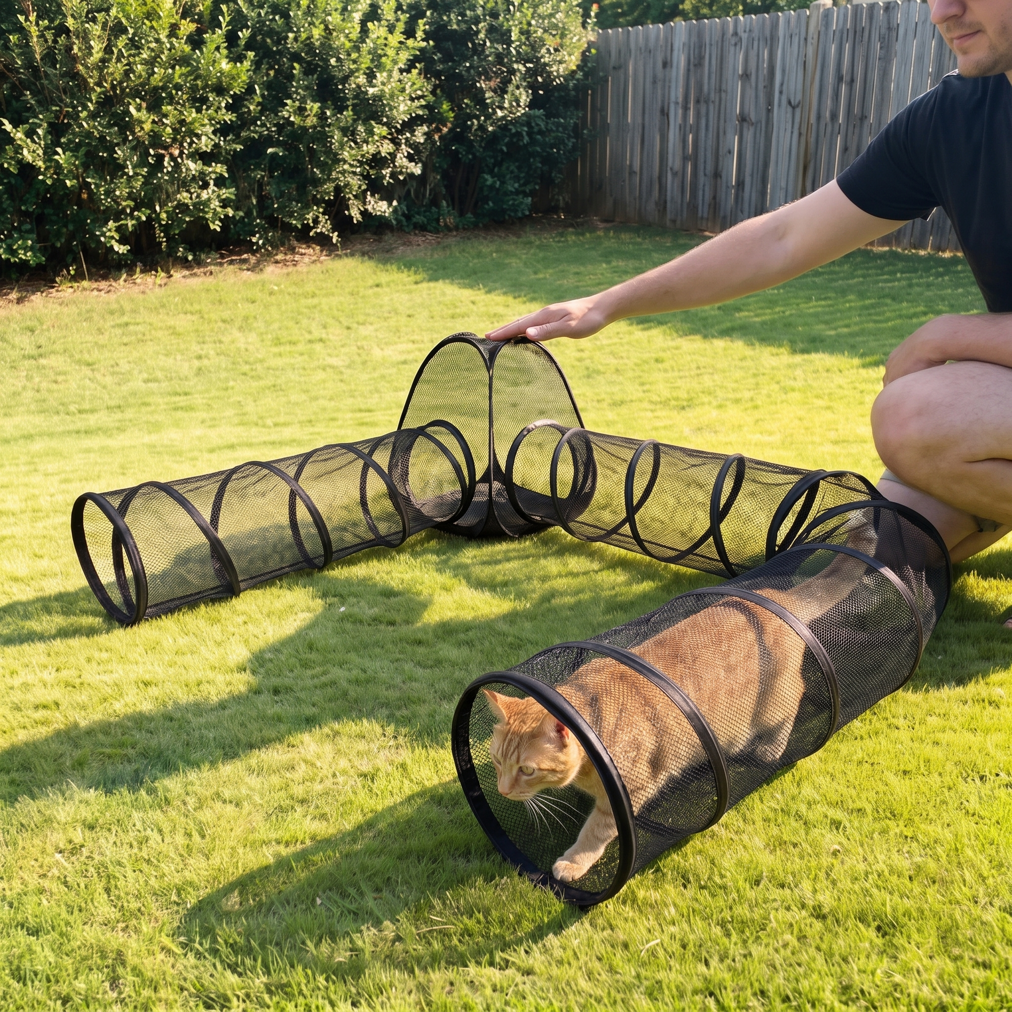Ginger cat emerging from the enclosure tunnel on a lawn, owner hand on the low tent showing scale - wrenwood ugc lifestyle v3