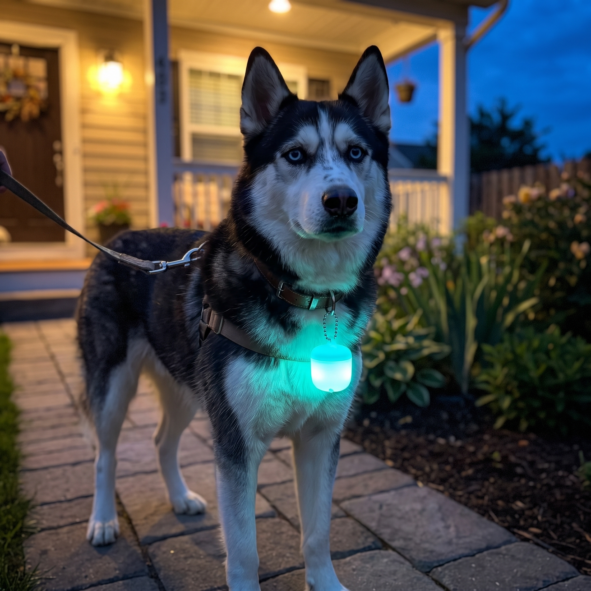 Husky stands on a garden path at dusk wearing the glowing LED collar tag.