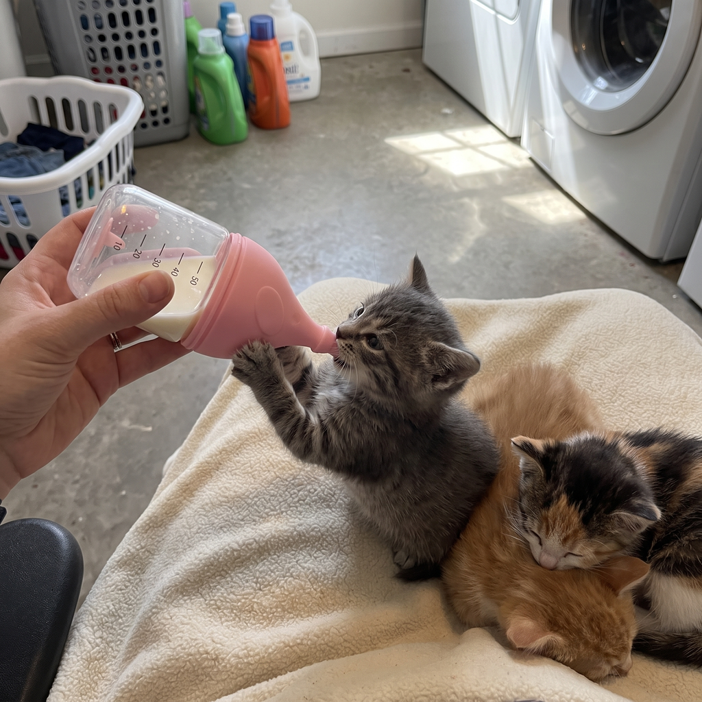 Hand feeding a grey tabby kitten with the silicone nursing bottle in a laundry room - wrenwood ugc lifestyle v2