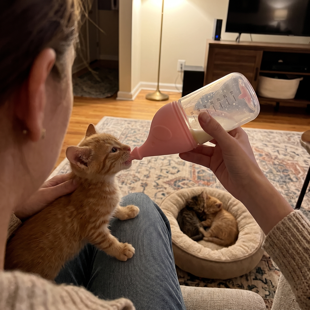 Orange kitten drinking from the silicone nursing bottle on an owner's lap in the evening - wrenwood ugc lifestyle v2
