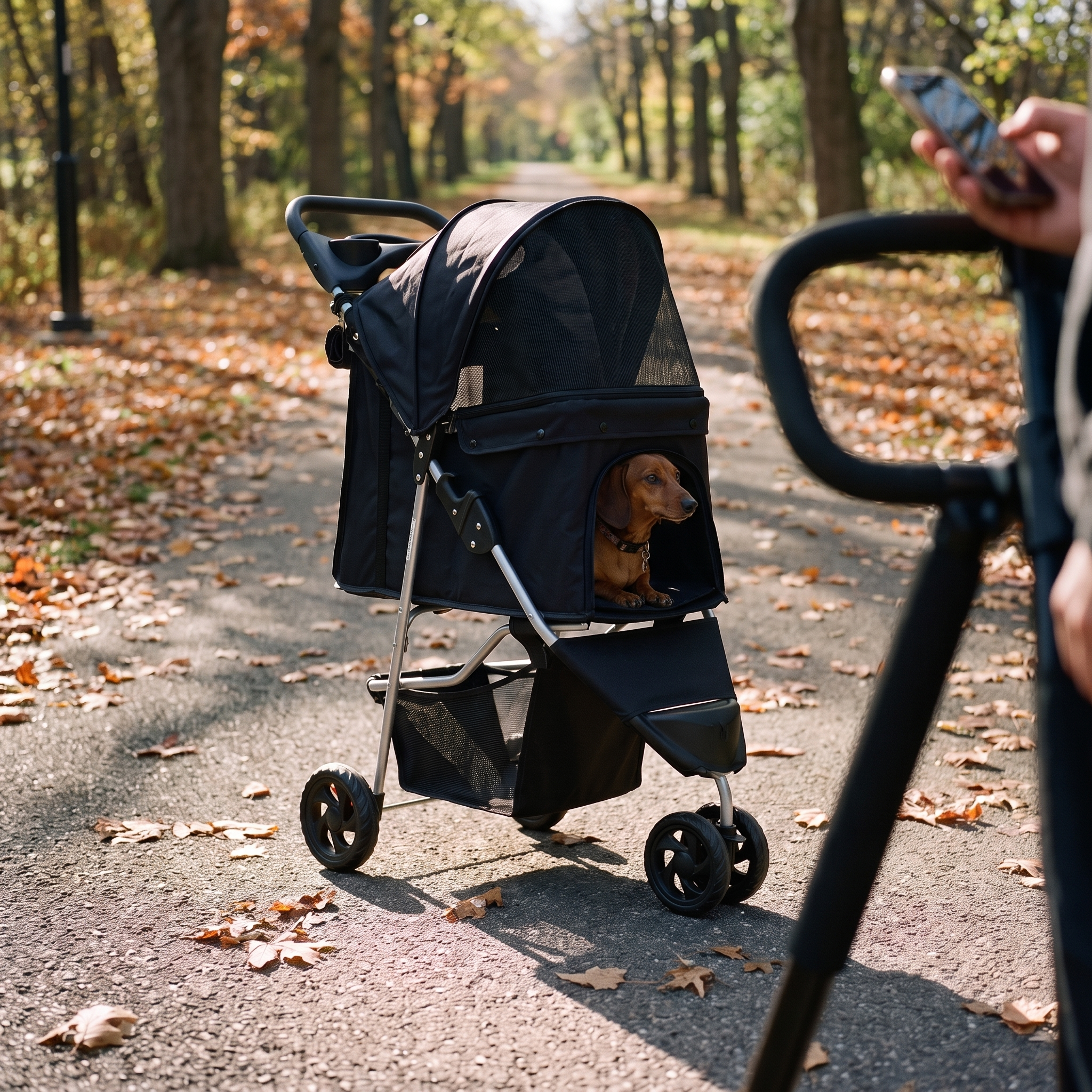 Brown dachshund riding in the black pet stroller on a tree-lined park path - wrenwood ugc lifestyle v2