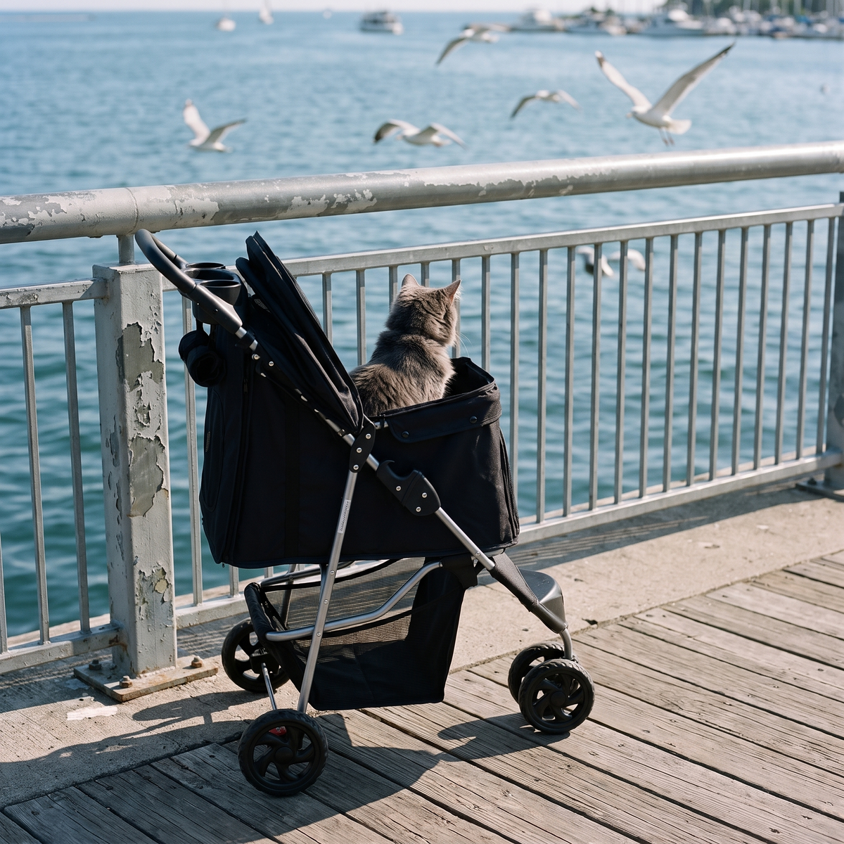 Gray cat sitting in the pet stroller on a waterfront promenade - wrenwood ugc lifestyle v2
