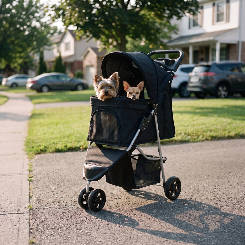 Yorkie and chihuahua sharing the pet stroller on a neighborhood sidewalk - wrenwood ugc lifestyle v2