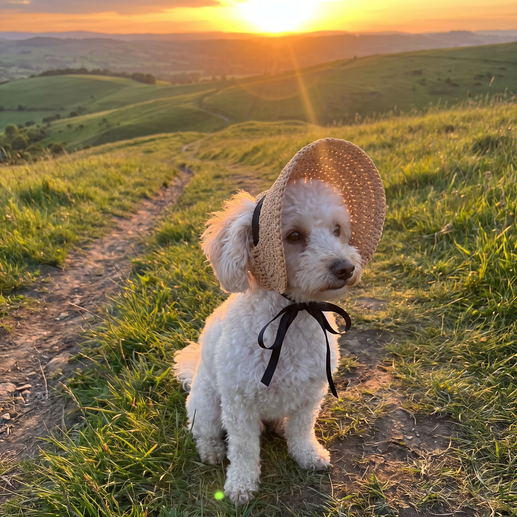 White poodle wearing the straw sun hat on a hillside trail at golden sunset - wrenwood ugc lifestyle v2