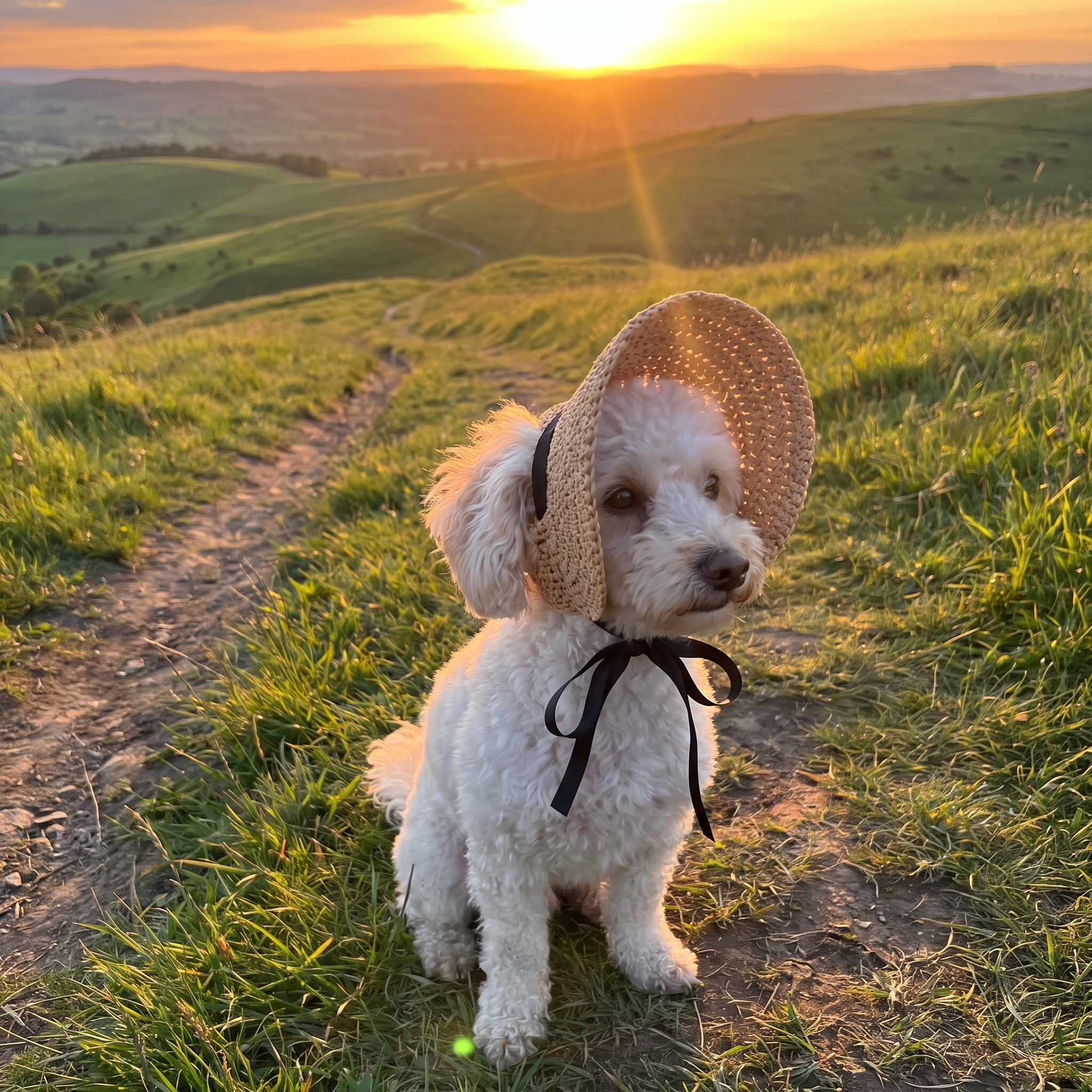 White poodle wearing the straw sun hat on a hillside trail at golden sunset - wrenwood ugc lifestyle v2