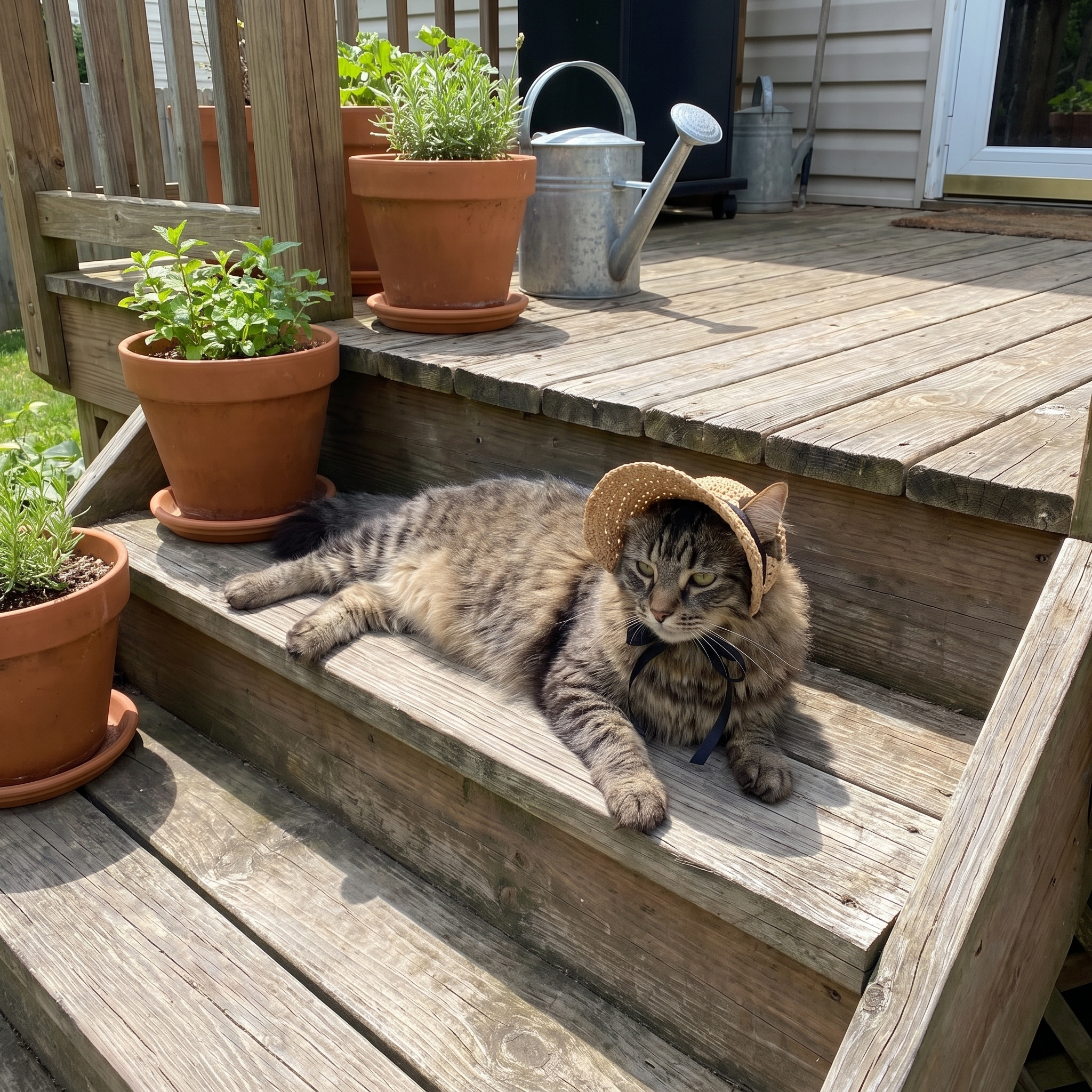 Tabby cat lounging on porch steps wearing the straw sun hat - wrenwood ugc lifestyle v2