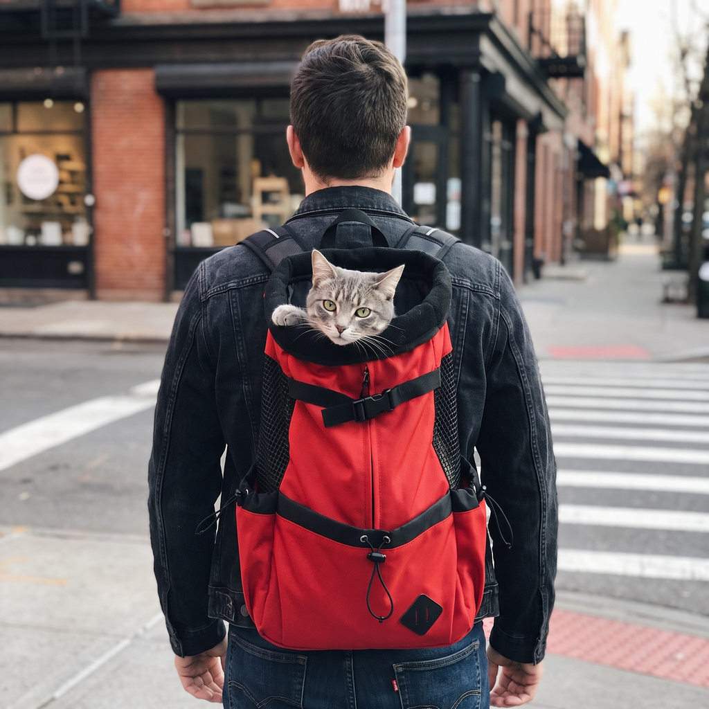 Owner crossing a city street with a tabby cat in the red pet travel backpack - wrenwood ugc lifestyle v2