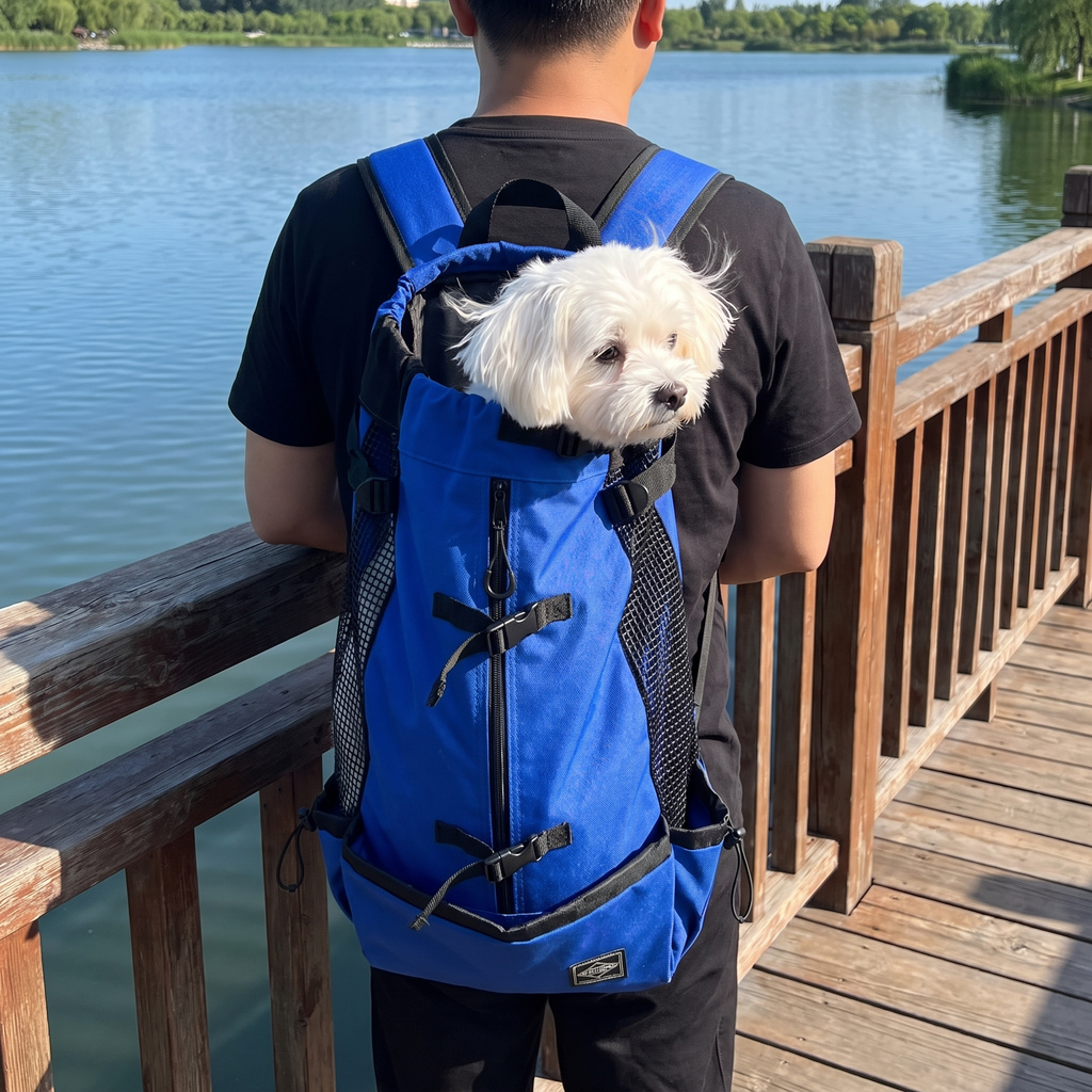 Owner at a lakeside boardwalk with a maltese in the blue pet travel backpack - wrenwood ugc lifestyle v2