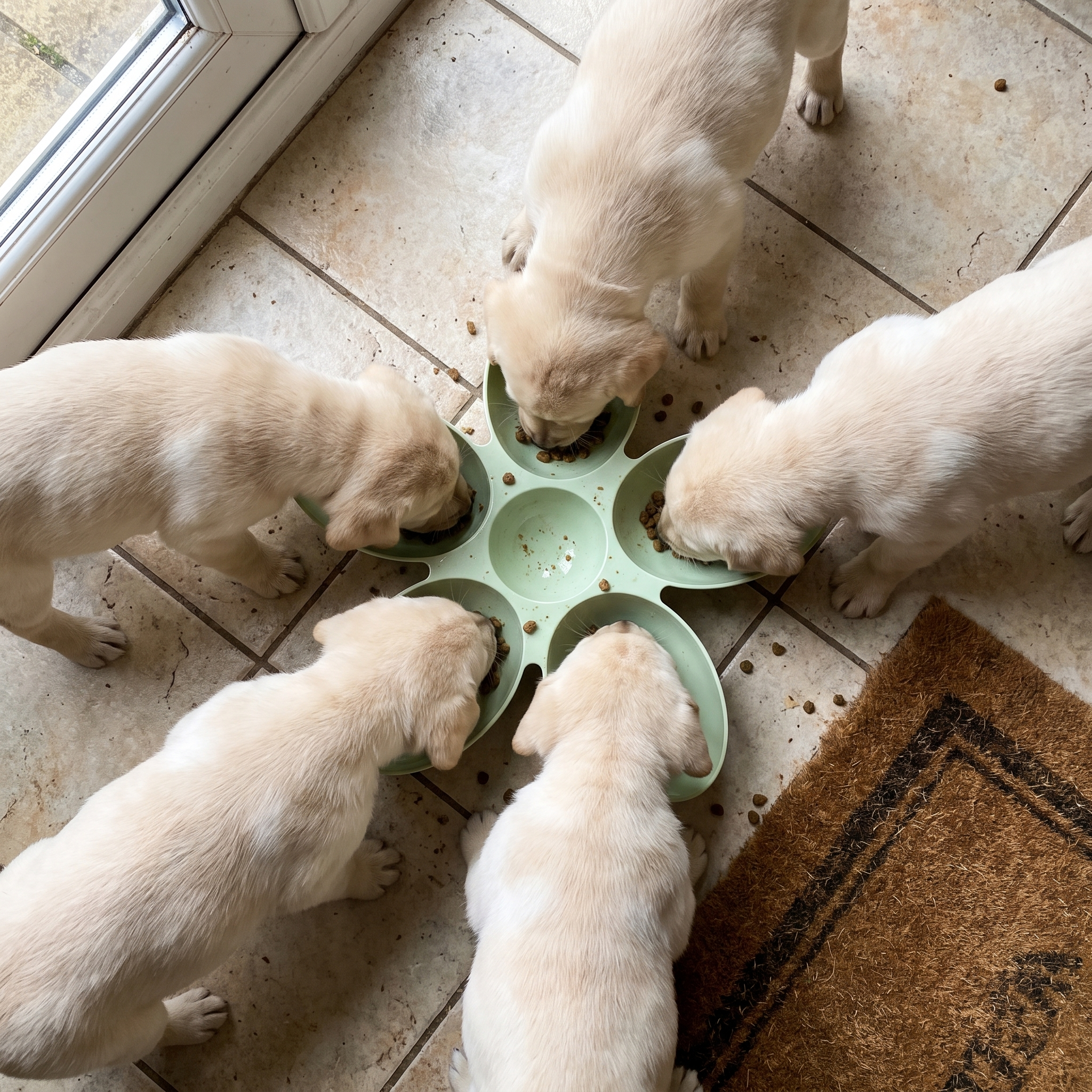 Litter of labrador puppies eating together from the petal ends of the green flower feeding bowl - wrenwood ugc lifestyle v2