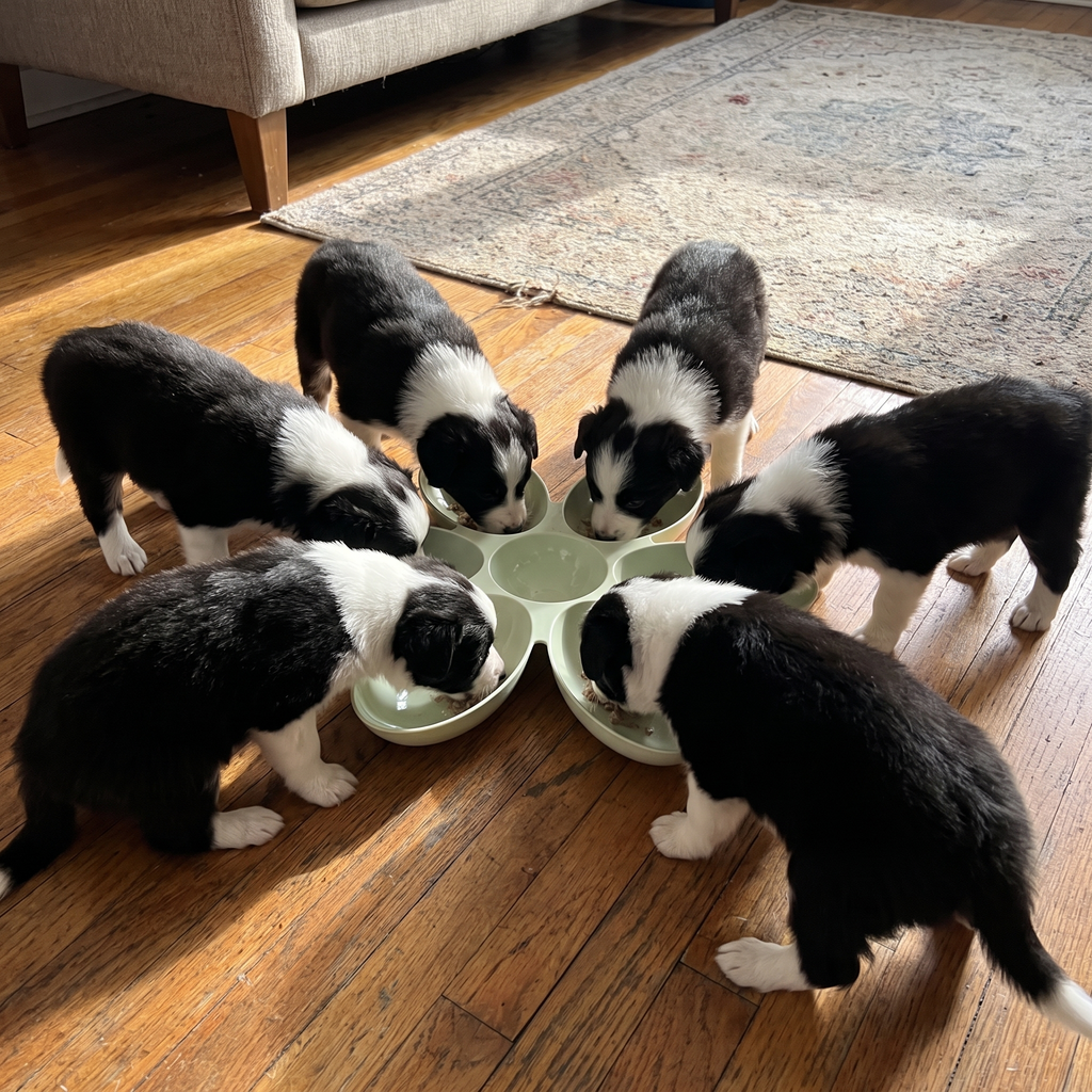 Border collie puppies sharing the green petal feeding bowl on a living room floor - wrenwood ugc lifestyle v2