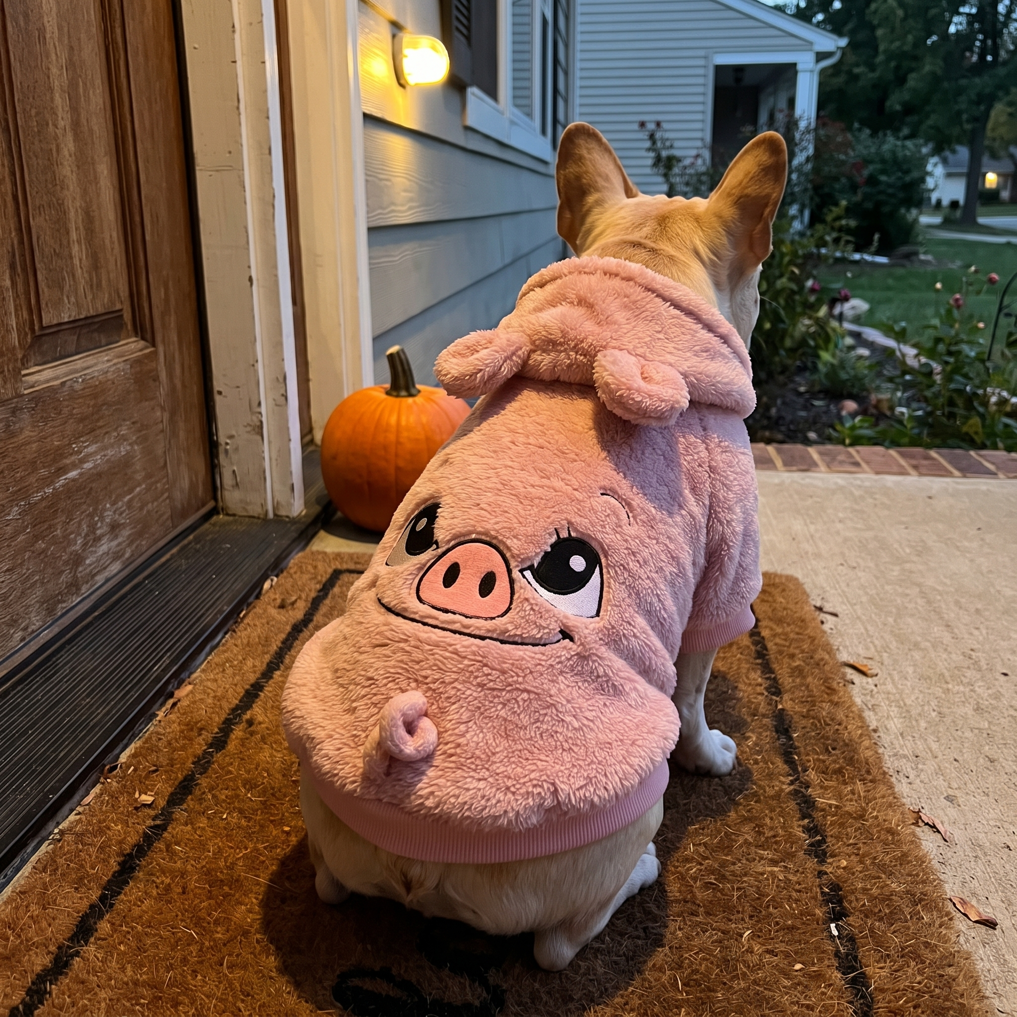 Corgi sits on a doormat in the pink pig hoodie beside a pumpkin at dusk.