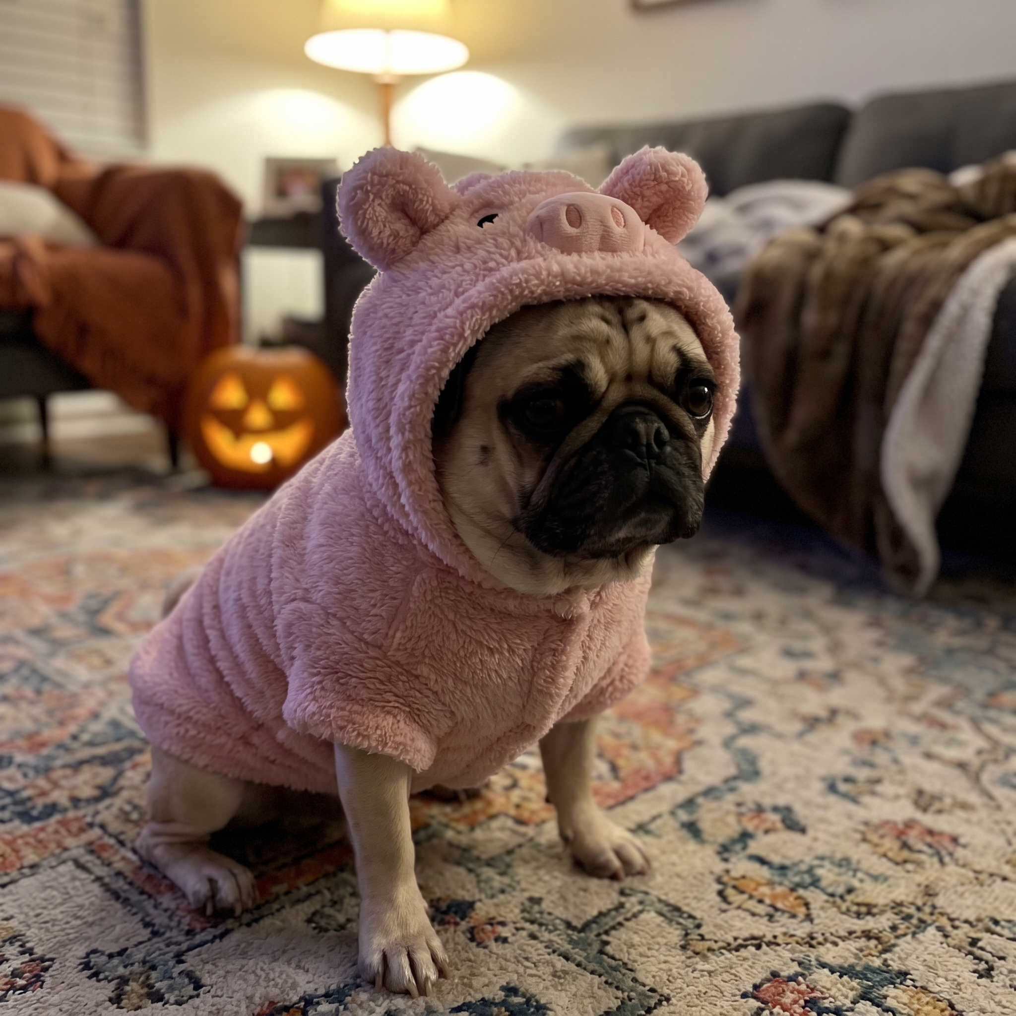 Pug wearing the pink pig hoodie by a softly glowing jack-o-lantern - wrenwood ugc lifestyle v2