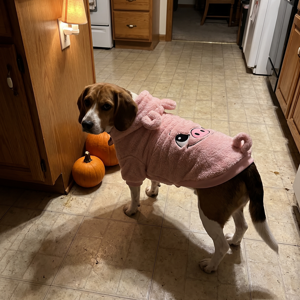 Beagle wearing the pink pig hoodie in a kitchen with small pumpkins - wrenwood ugc lifestyle v2