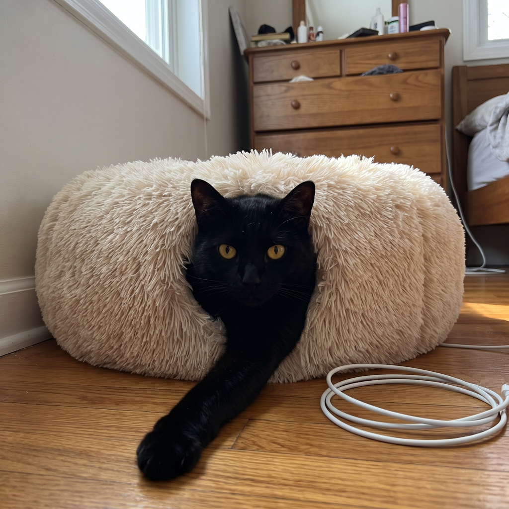 Black cat peeking out of the plush tunnel bed in a bedroom - wrenwood ugc lifestyle v2
