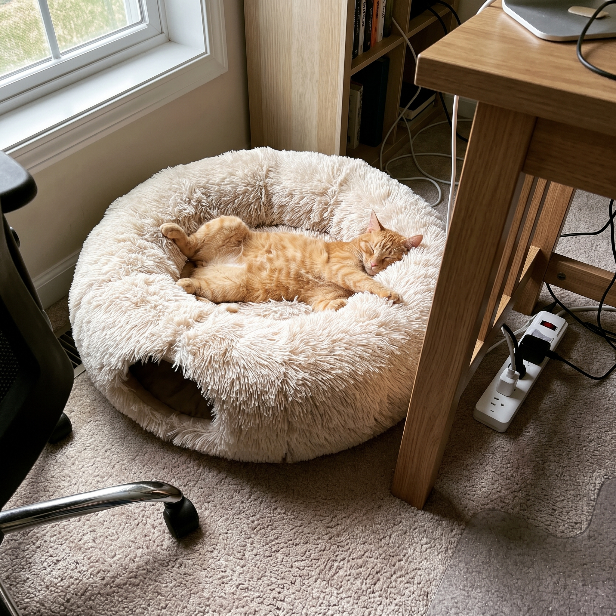 Orange tabby cat lounging in the plush tunnel bed beside a home office desk - wrenwood ugc lifestyle v2