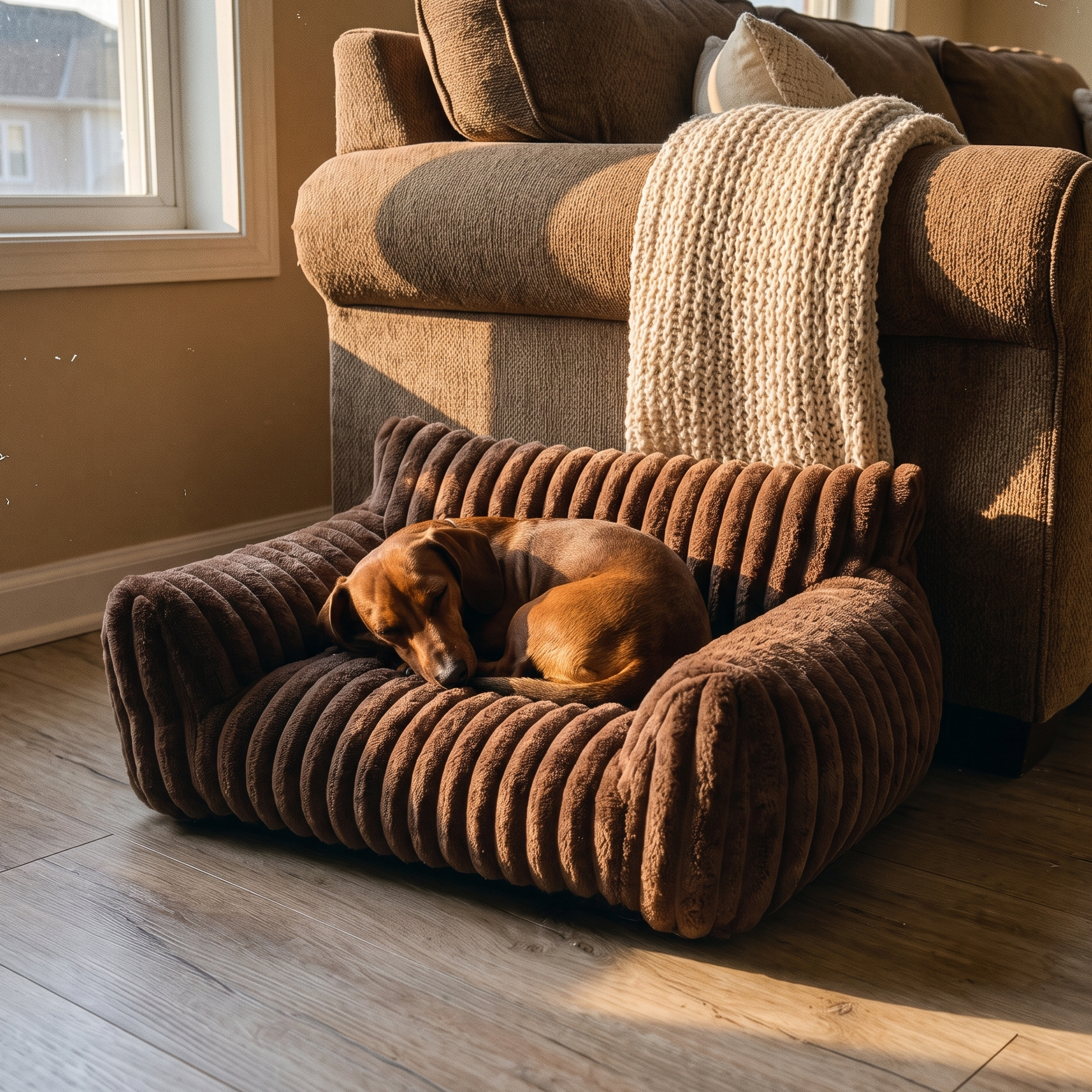 Dachshund napping on the brown corduroy pet sofa bed in a living room - wrenwood ugc lifestyle v2