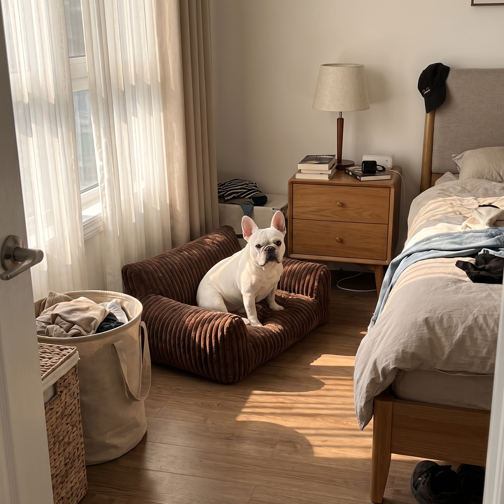 French bulldog on the brown corduroy pet sofa bed in a bedroom corner - wrenwood ugc lifestyle v2