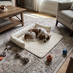 Beige plush pet sofa bed with a spaniel resting in a living room - wrenwood ugc lifestyle v2
